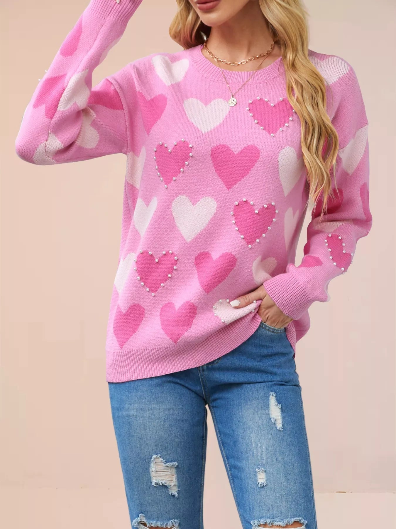 Heart Pattern Beaded Round Neck Sweater designed for comfort and style at Lookzlike