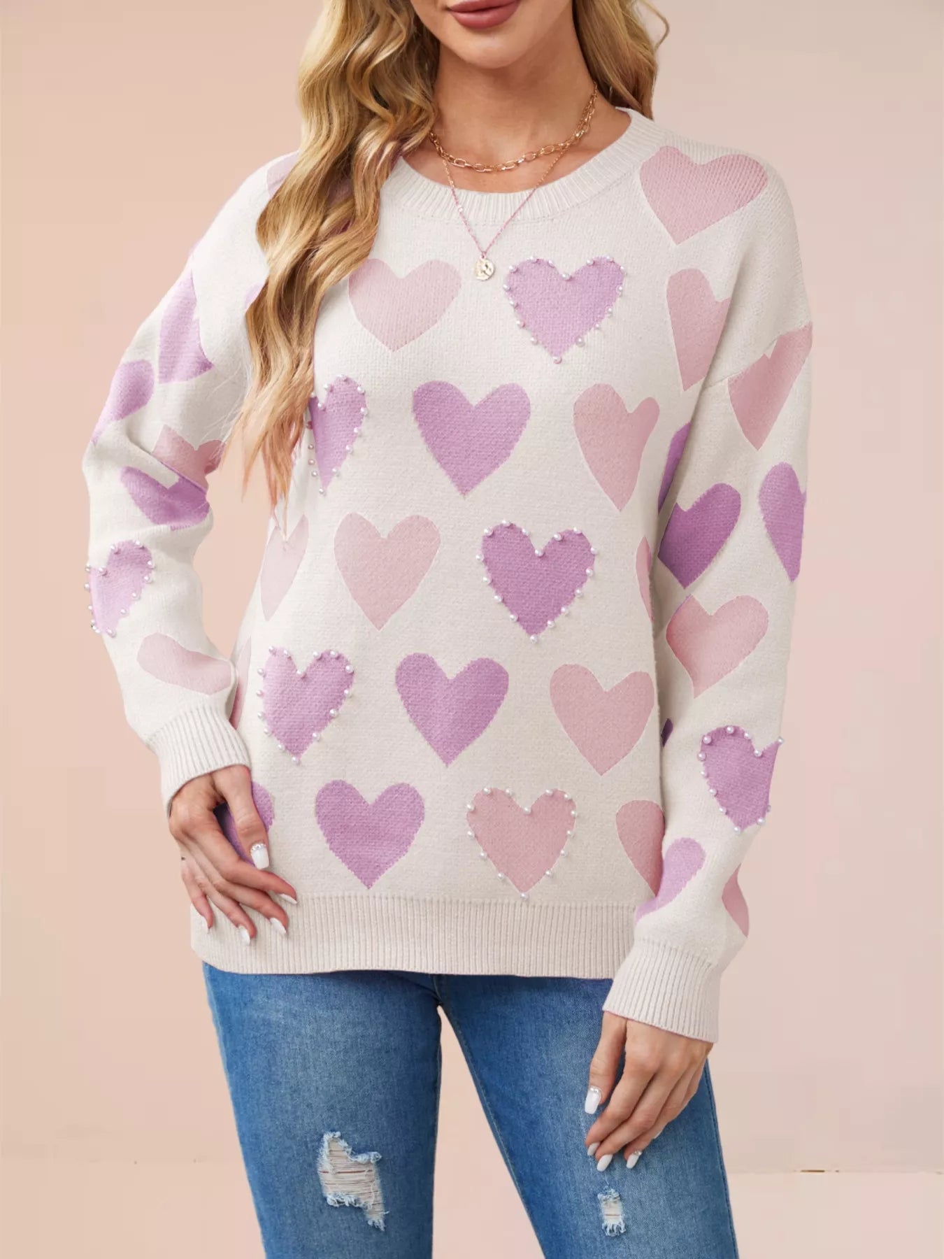Heart Pattern Beaded Round Neck Sweater designed for comfort and style at Lookzlike