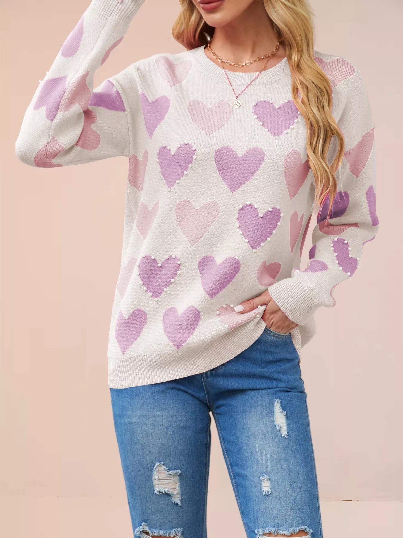 Heart Pattern Beaded Round Neck Sweater designed for comfort and style at Lookzlike