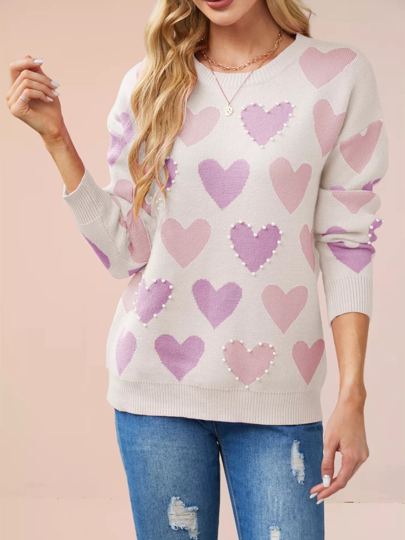 Heart Pattern Beaded Round Neck Sweater designed for comfort and style at Lookzlike