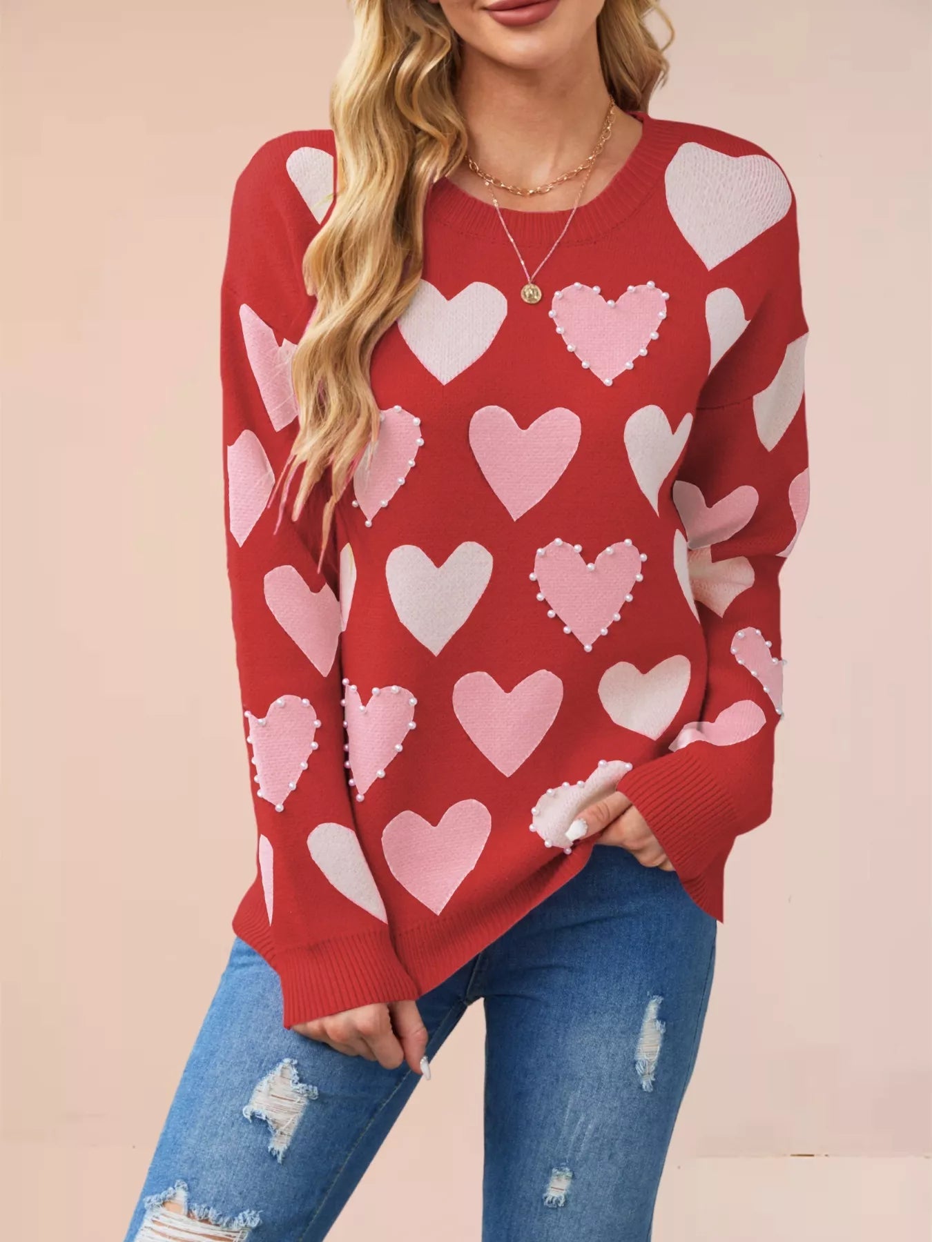 Heart Pattern Beaded Round Neck Sweater designed for comfort and style at Lookzlike