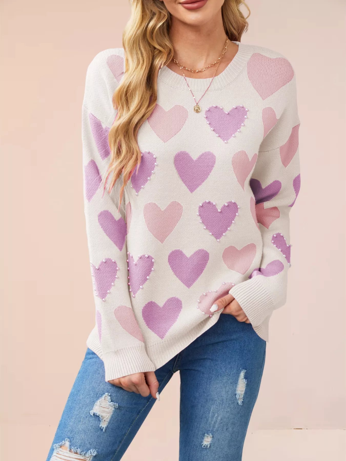 Heart Pattern Beaded Round Neck Sweater designed for comfort and style at Lookzlike