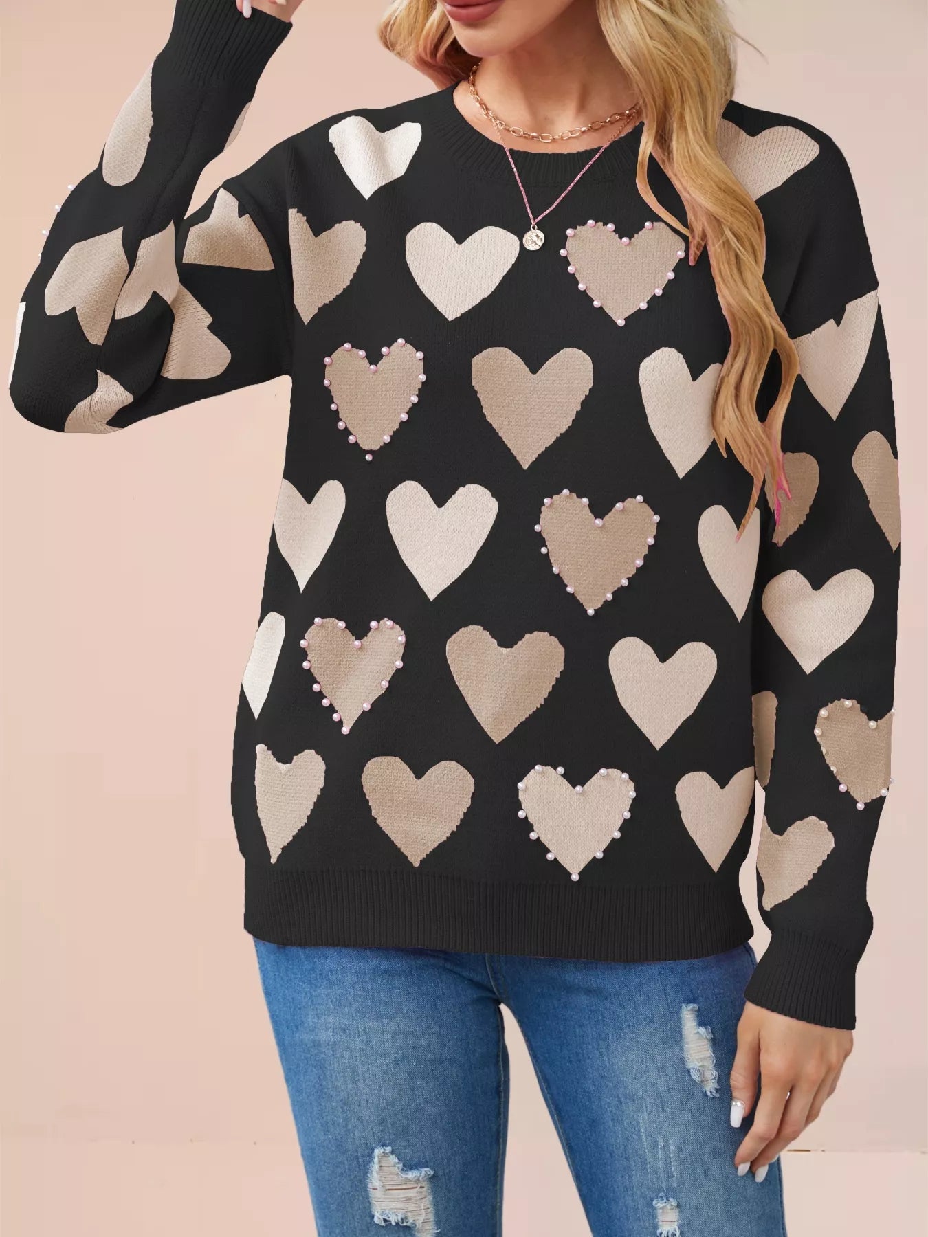 Heart Pattern Beaded Round Neck Sweater designed for comfort and style at Lookzlike