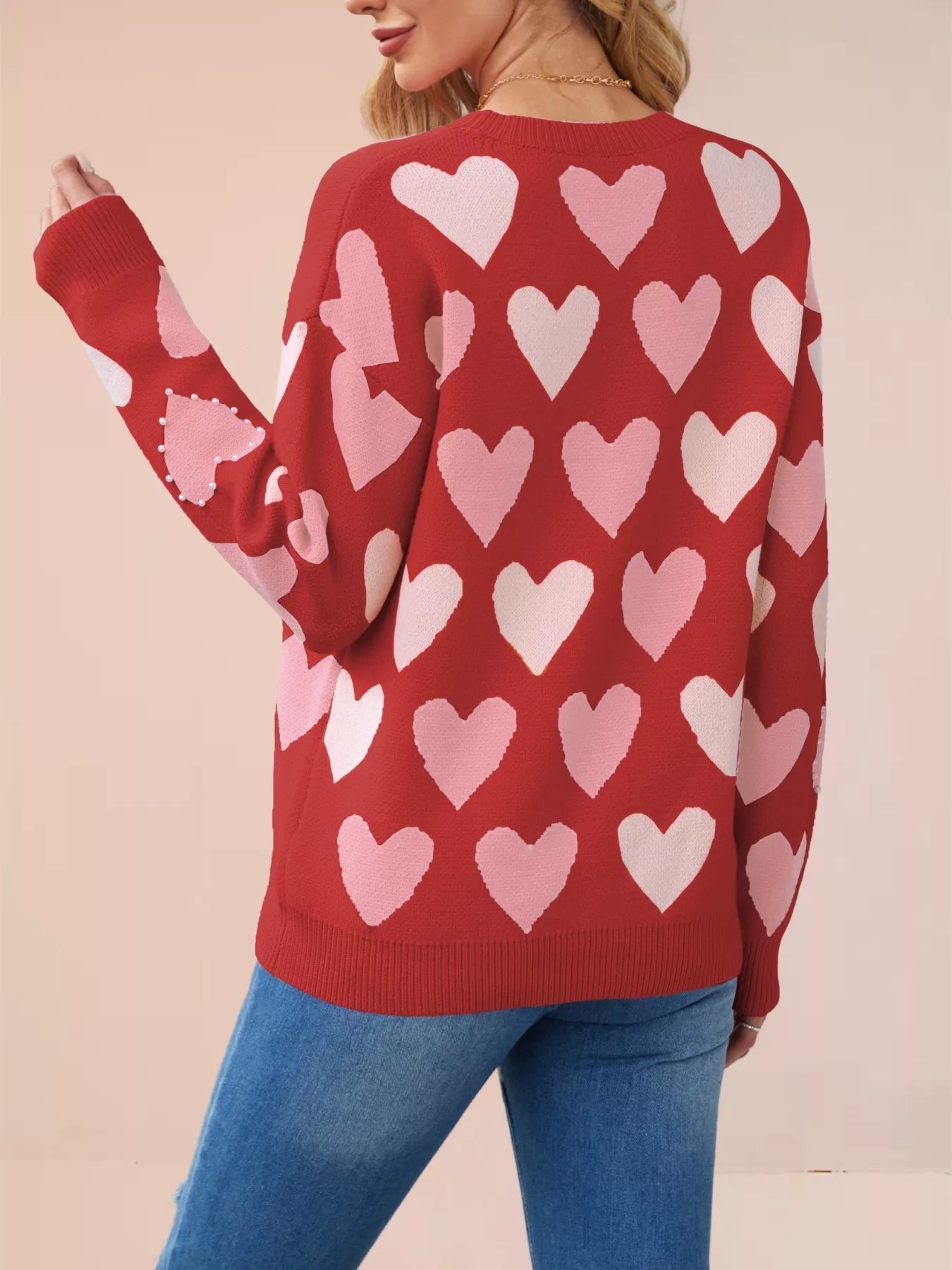 Heart Pattern Beaded Round Neck Sweater designed for comfort and style at Lookzlike