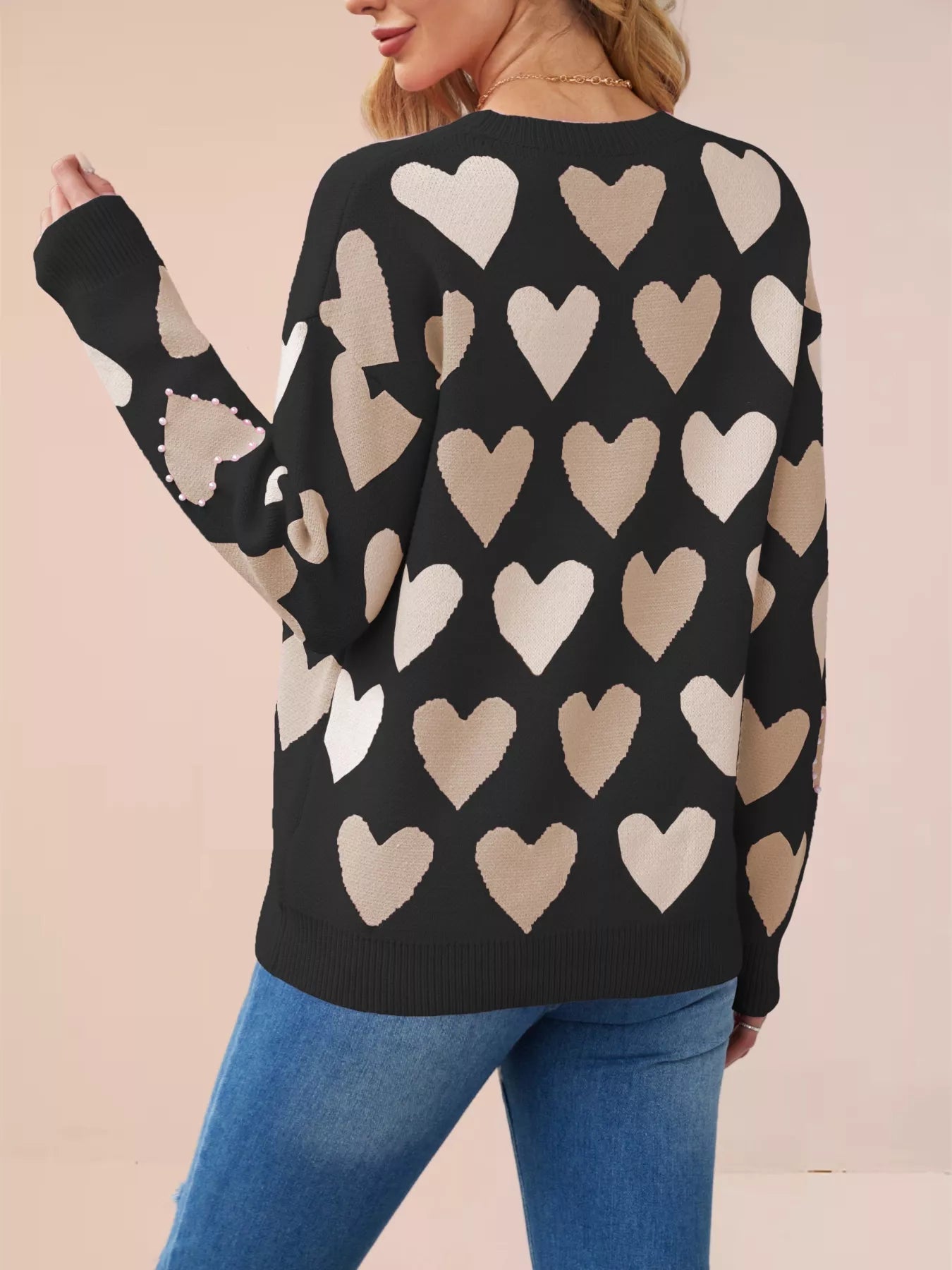 Heart Pattern Beaded Round Neck Sweater designed for comfort and style at Lookzlike