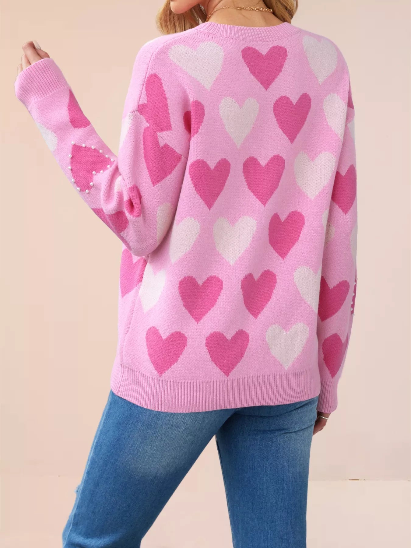 Heart Pattern Beaded Round Neck Sweater designed for comfort and style at Lookzlike