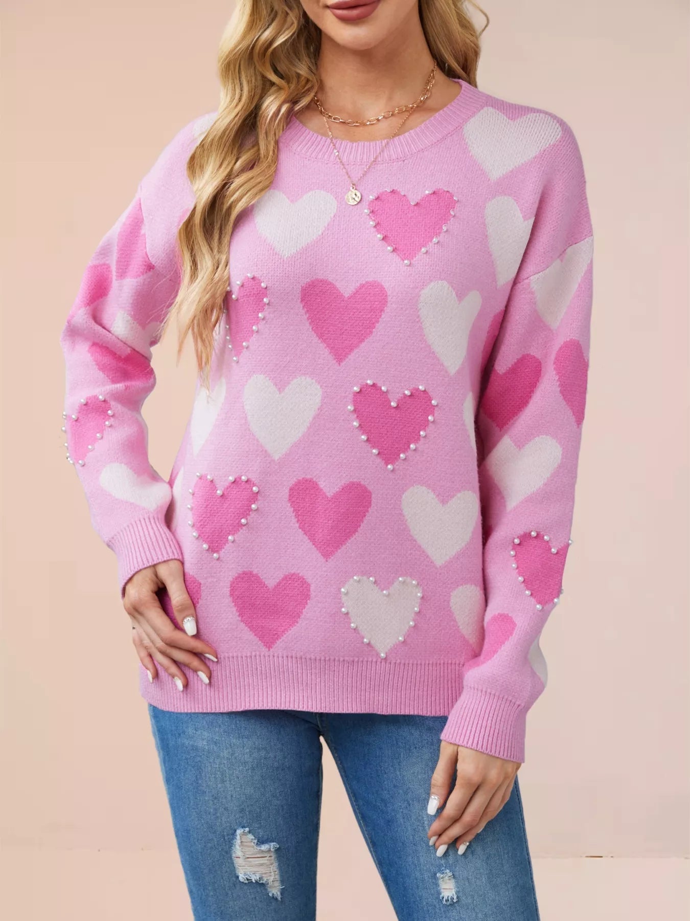 Heart Pattern Beaded Round Neck Sweater designed for comfort and style at Lookzlike