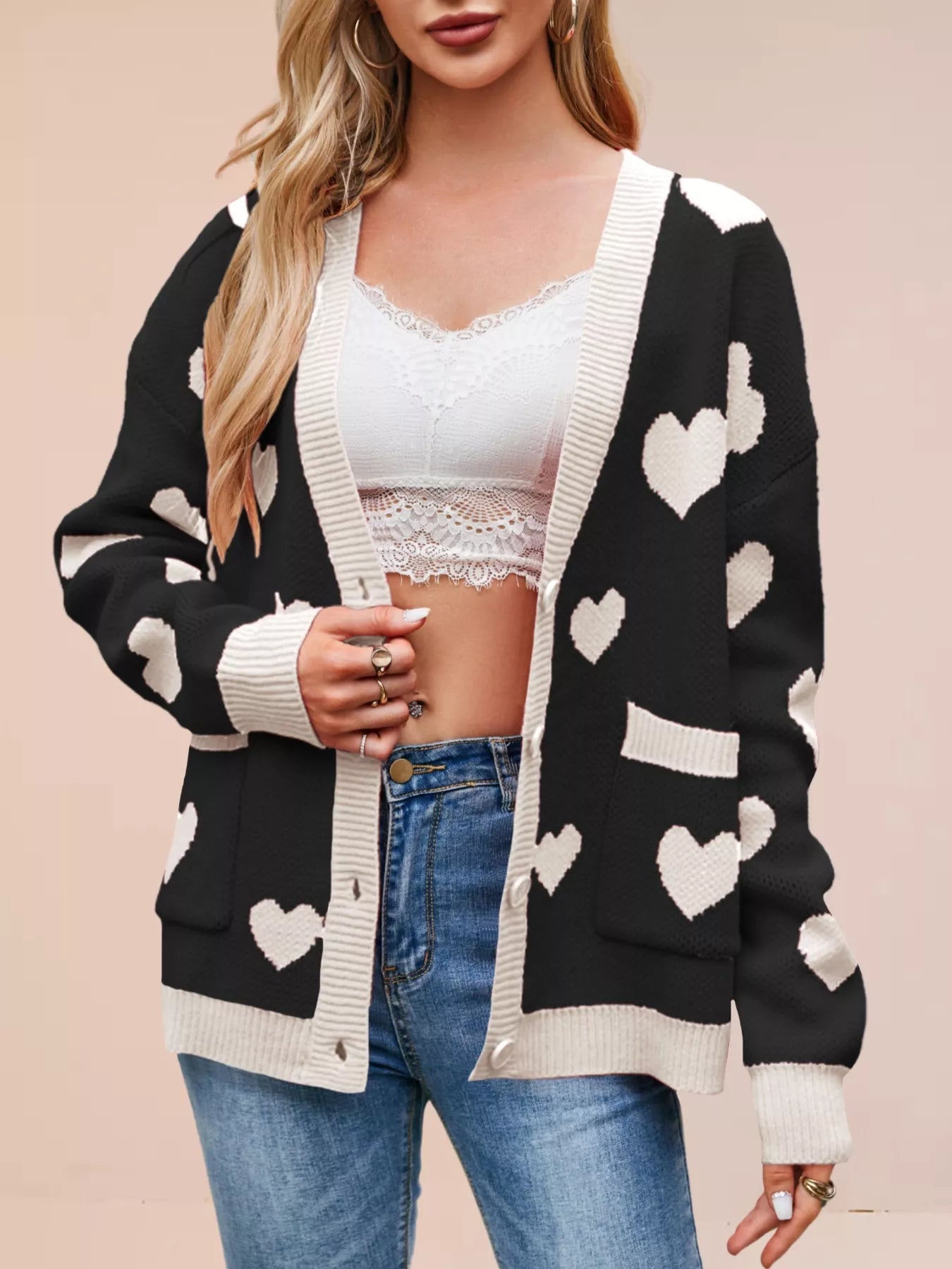 Heart Pattern Button - Up Knit Cardigan designed for comfort and style at Lookzlike