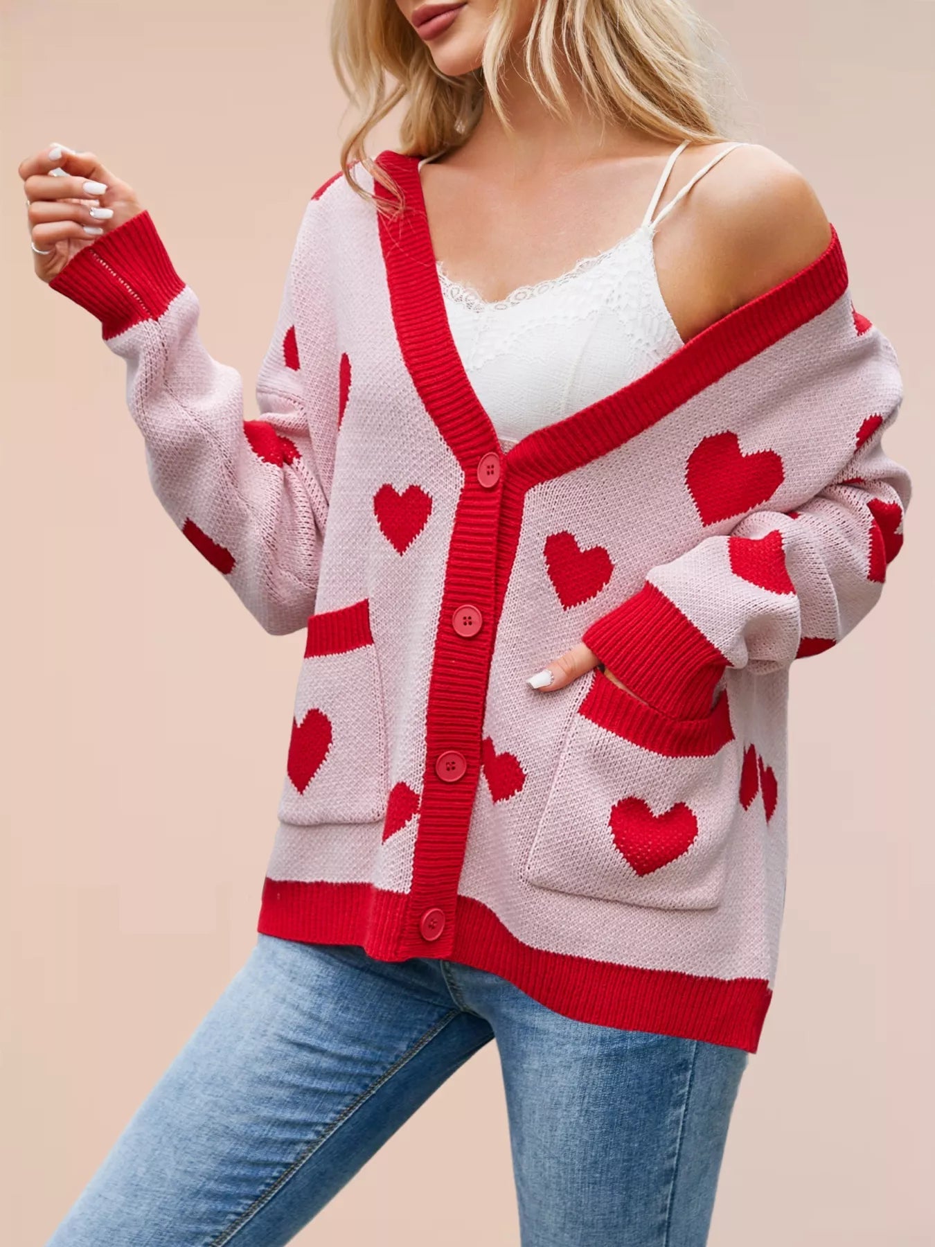 Heart Pattern Button - Up Knit Cardigan designed for comfort and style at Lookzlike