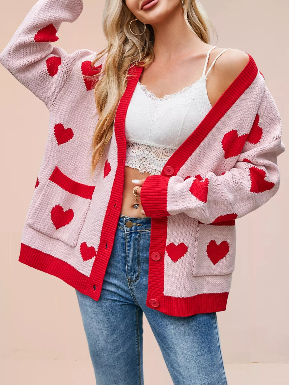 Heart Pattern Button - Up Knit Cardigan designed for comfort and style at Lookzlike