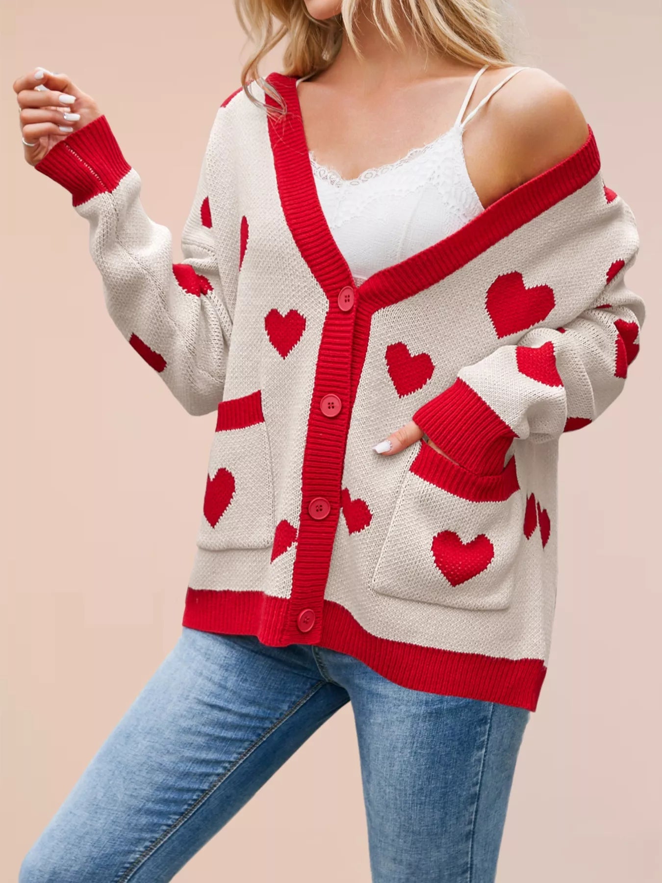 Heart Pattern Button - Up Knit Cardigan designed for comfort and style at Lookzlike