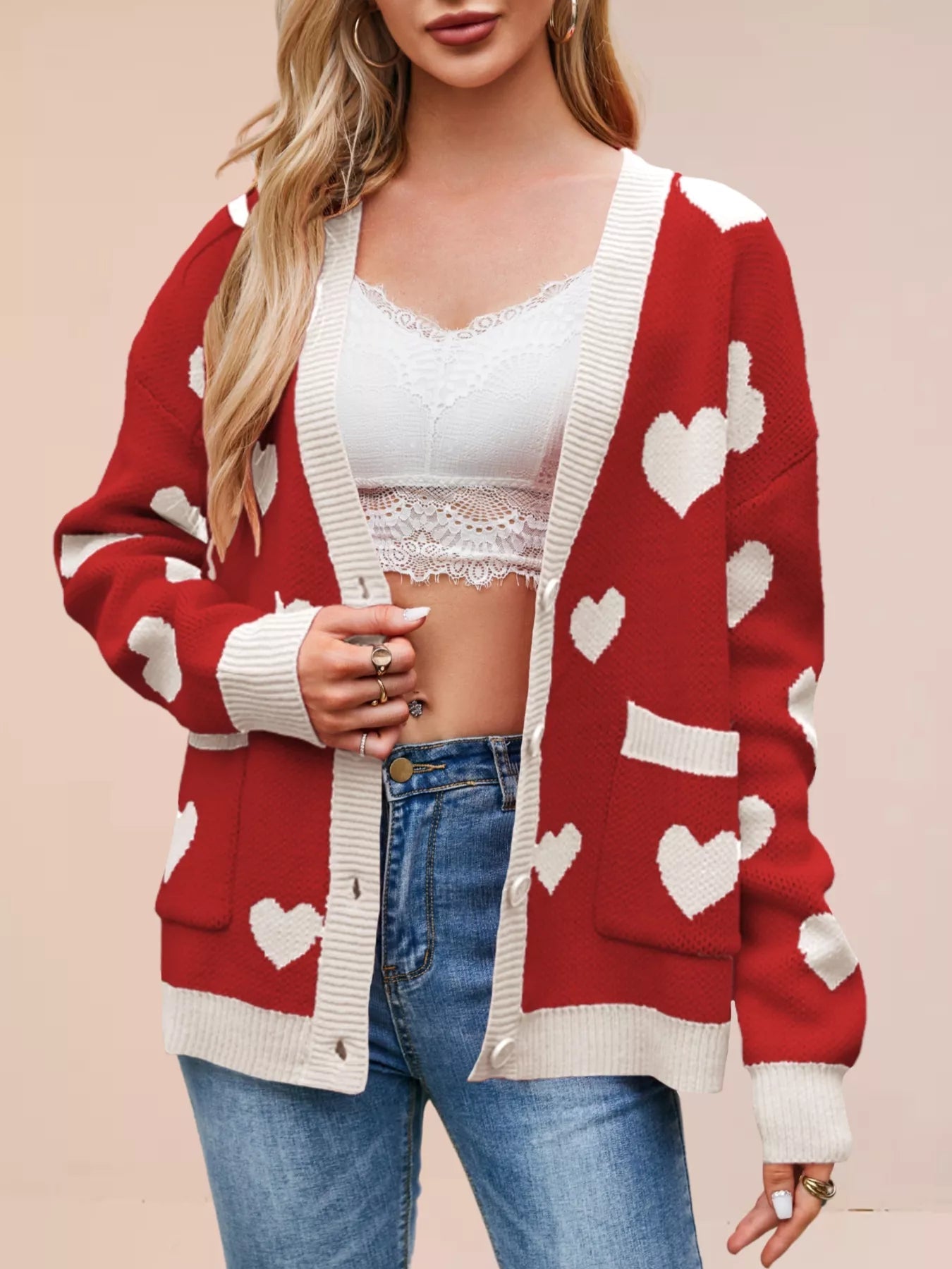 Heart Pattern Button - Up Knit Cardigan designed for comfort and style at Lookzlike