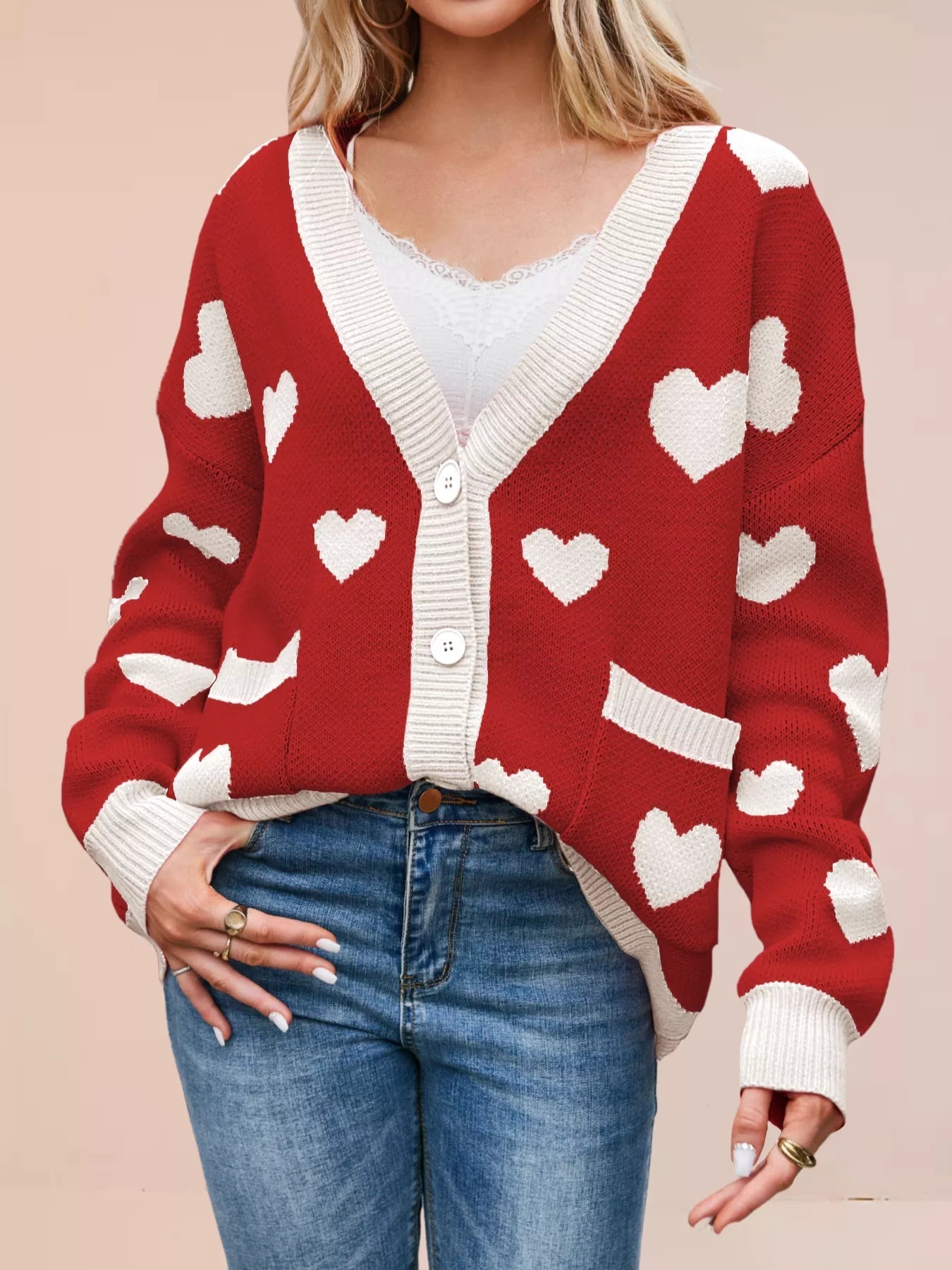 Heart Pattern Button - Up Knit Cardigan designed for comfort and style at Lookzlike