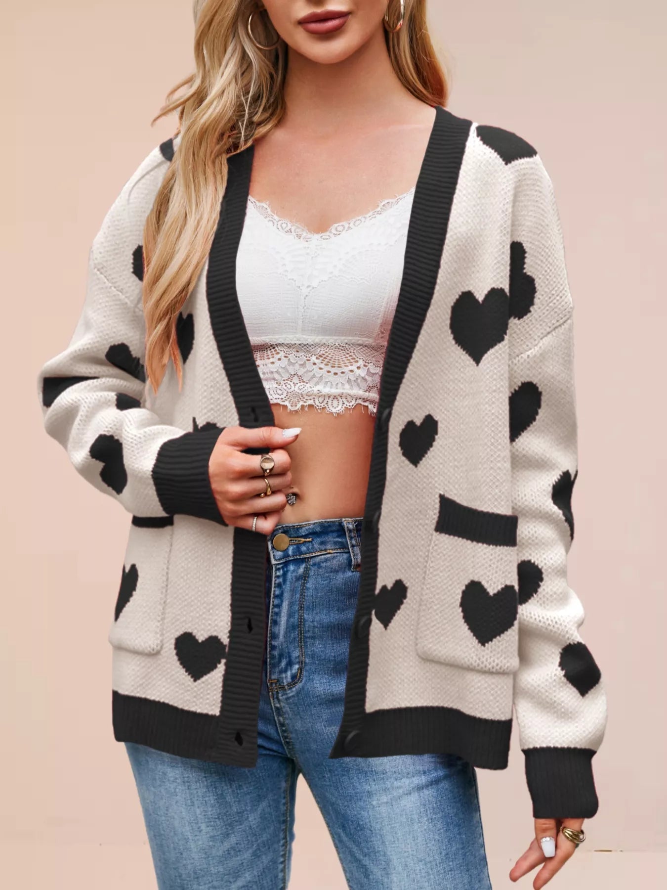 Heart Pattern Button - Up Knit Cardigan designed for comfort and style at Lookzlike