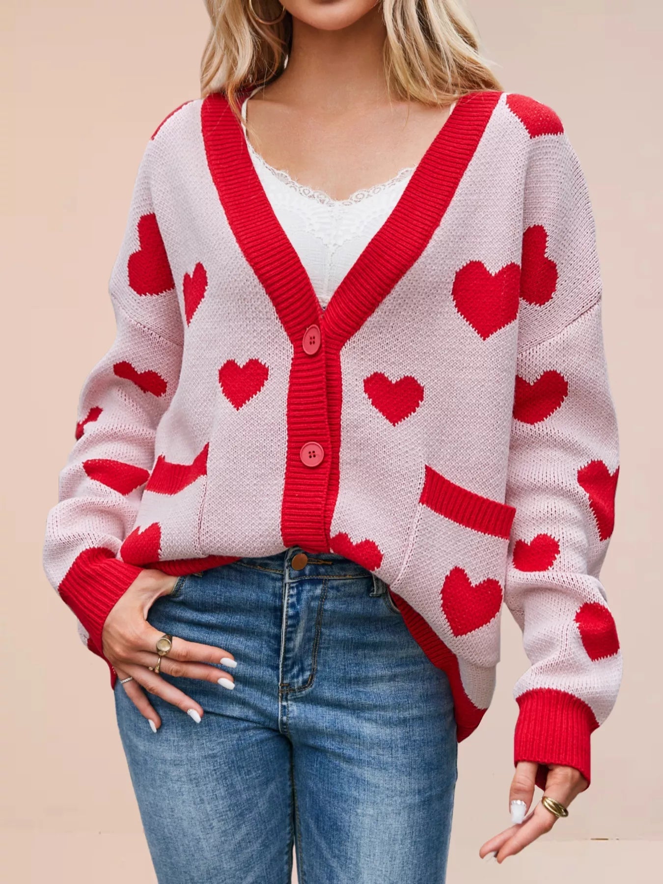 Heart Pattern Button - Up Knit Cardigan designed for comfort and style at Lookzlike