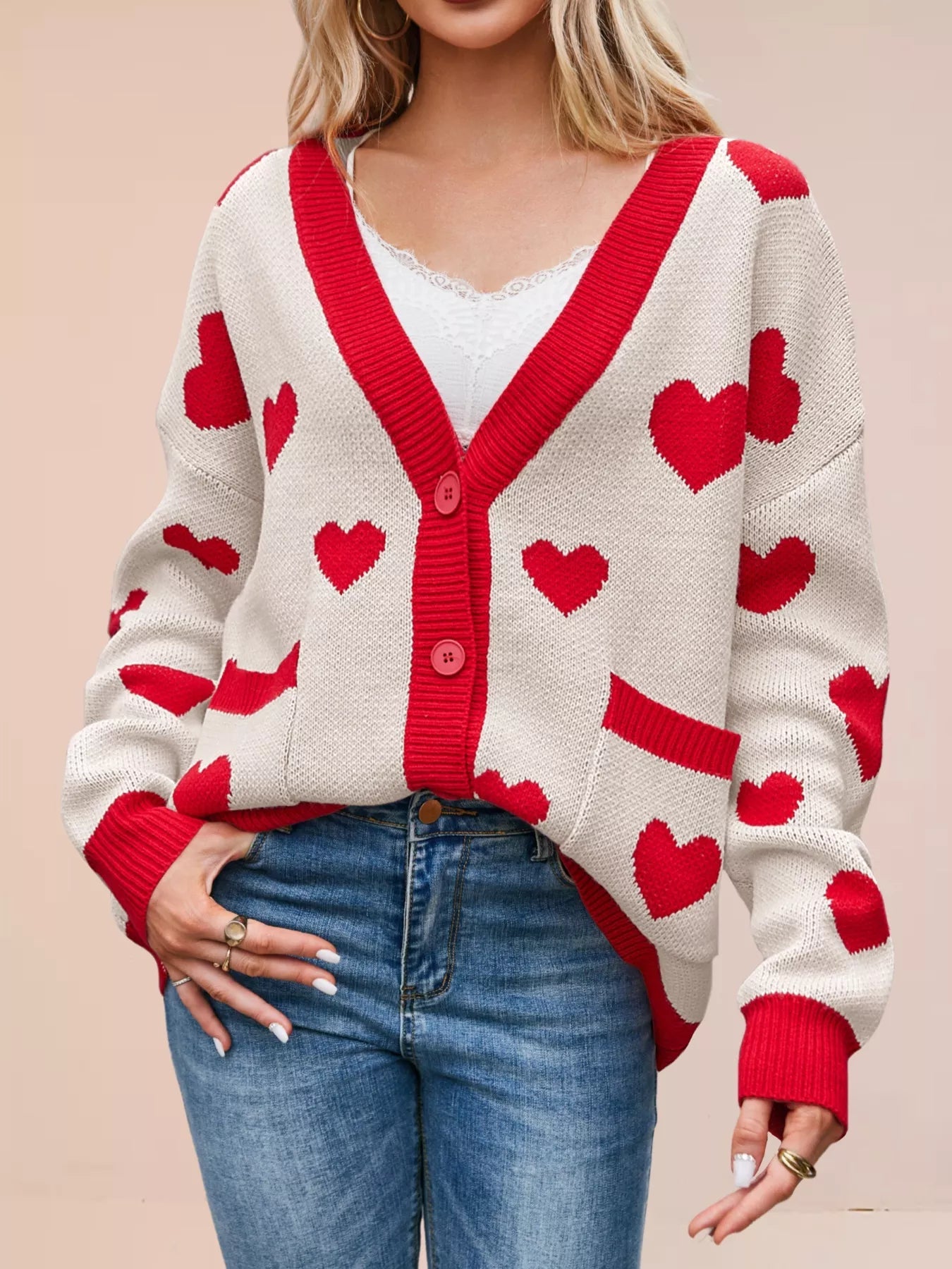 Heart Pattern Button - Up Knit Cardigan designed for comfort and style at Lookzlike