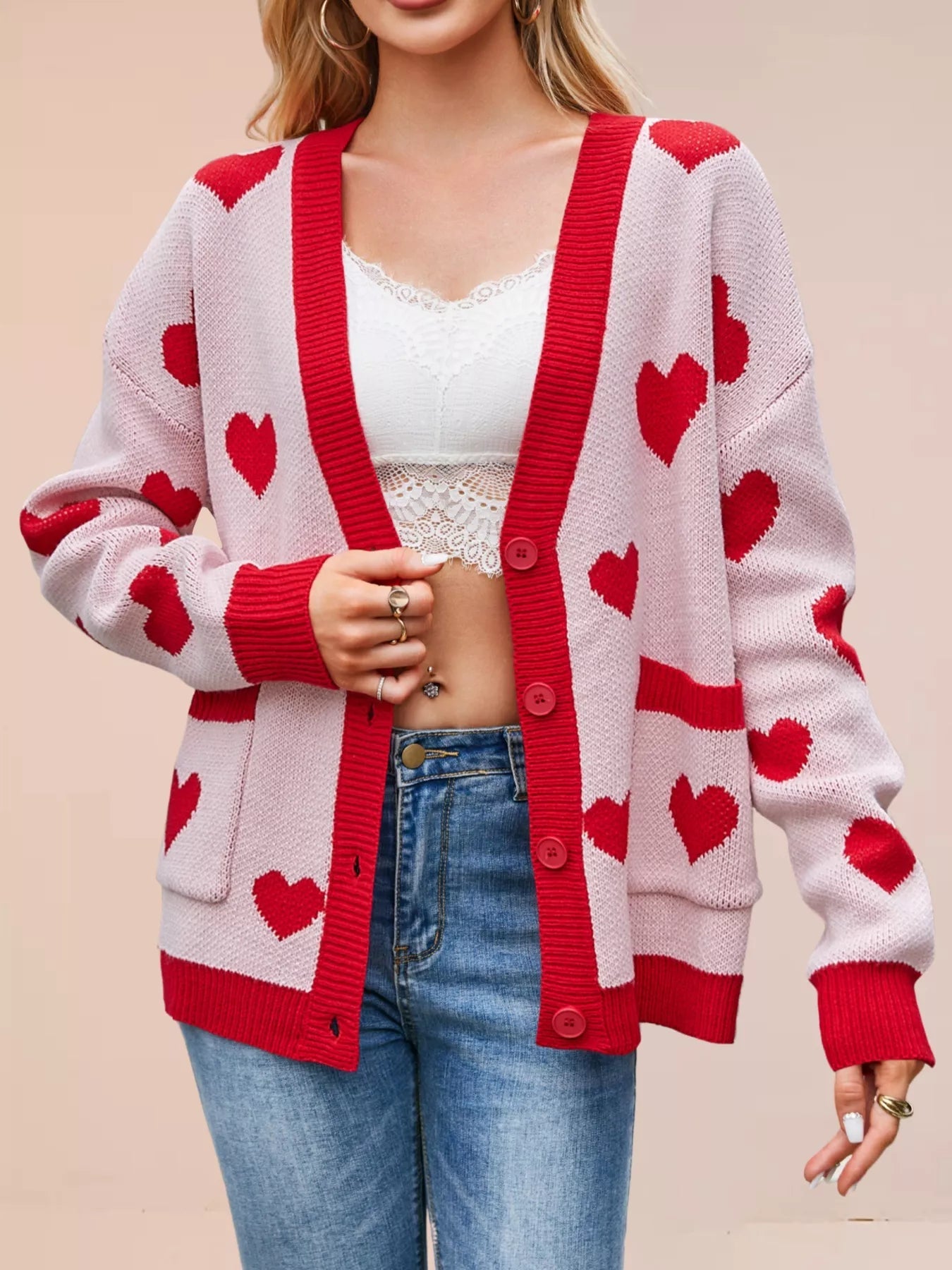 Heart Pattern Button - Up Knit Cardigan designed for comfort and style at Lookzlike