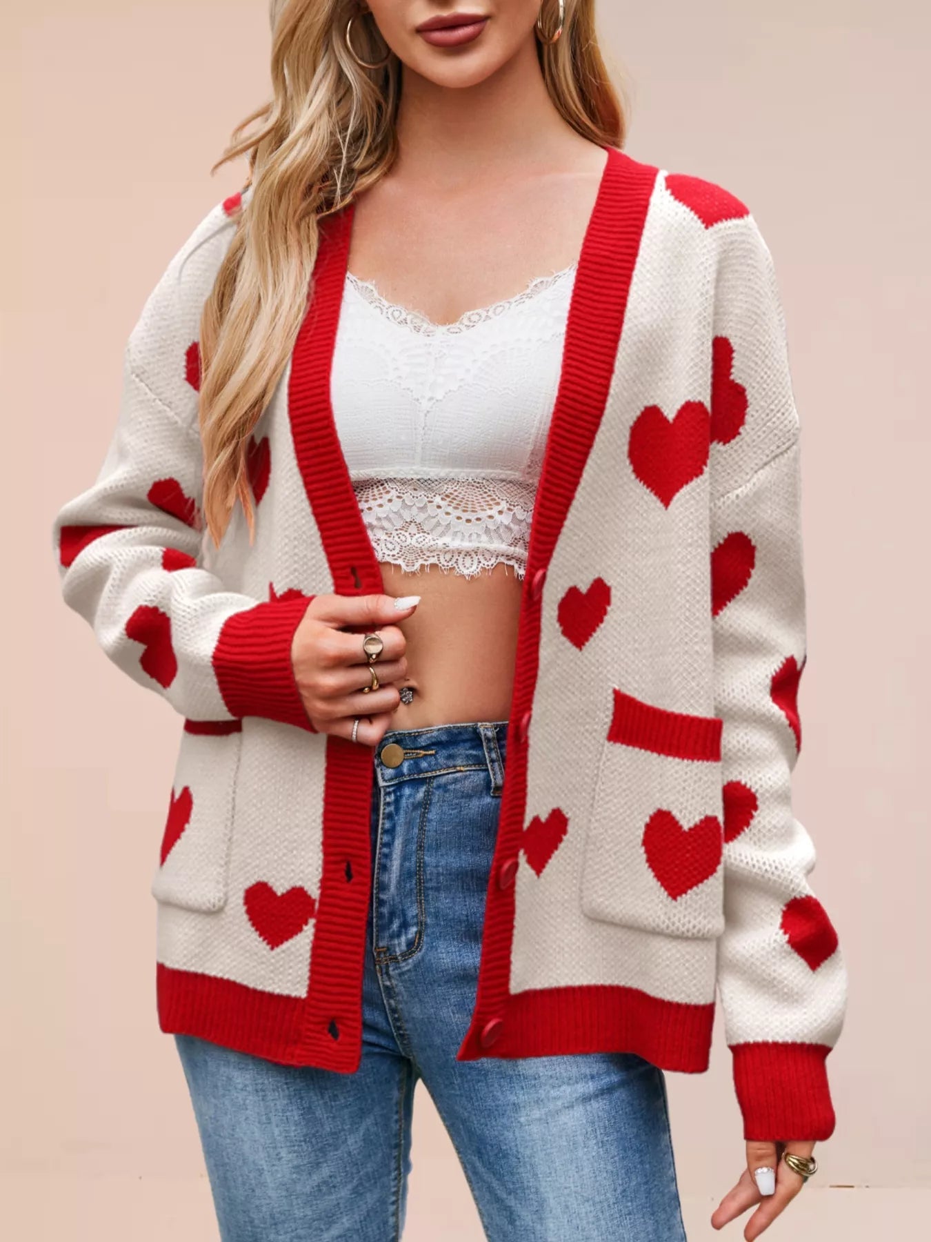 Heart Pattern Button - Up Knit Cardigan designed for comfort and style at Lookzlike