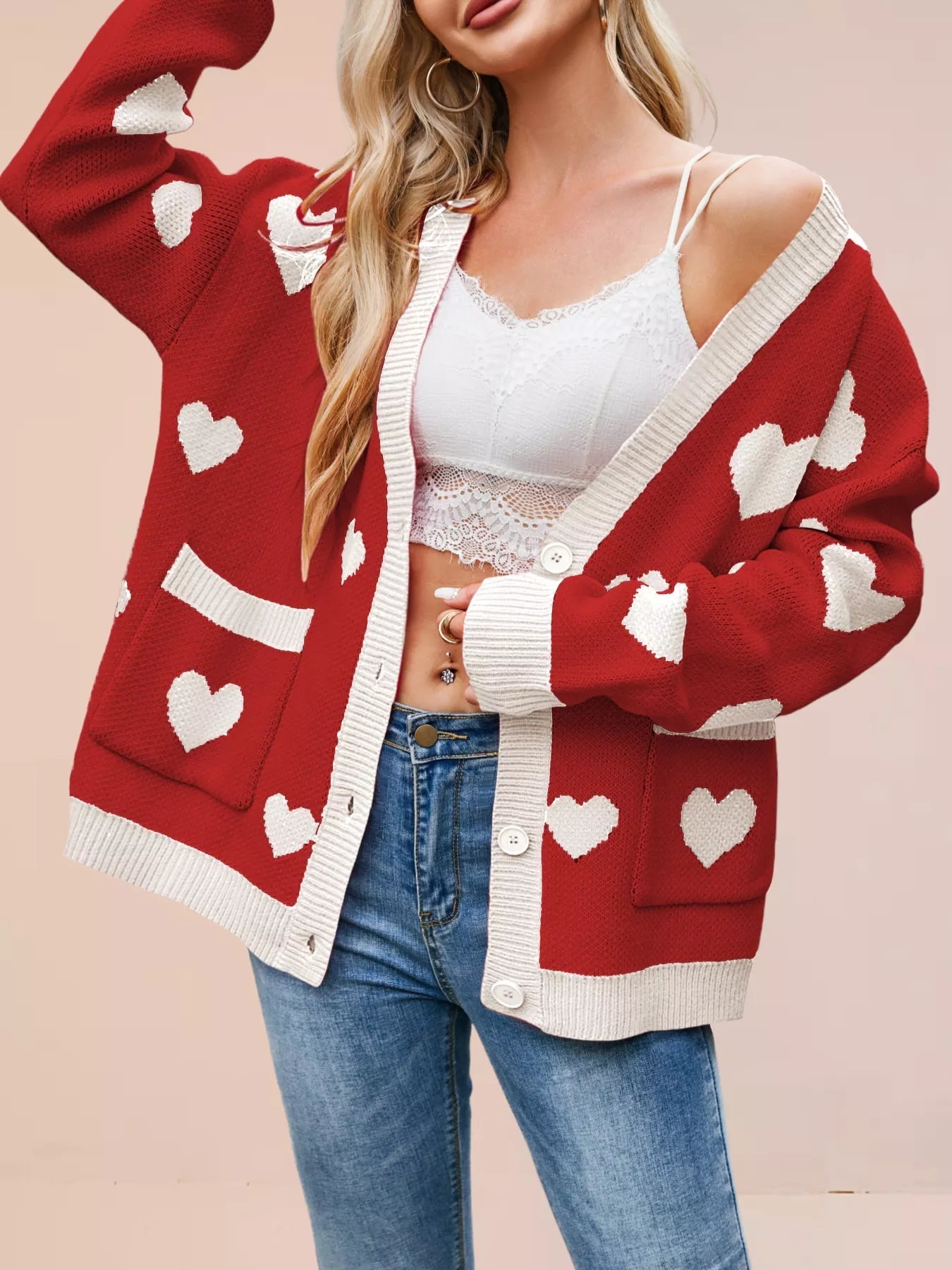 Heart Pattern Button - Up Knit Cardigan designed for comfort and style at Lookzlike