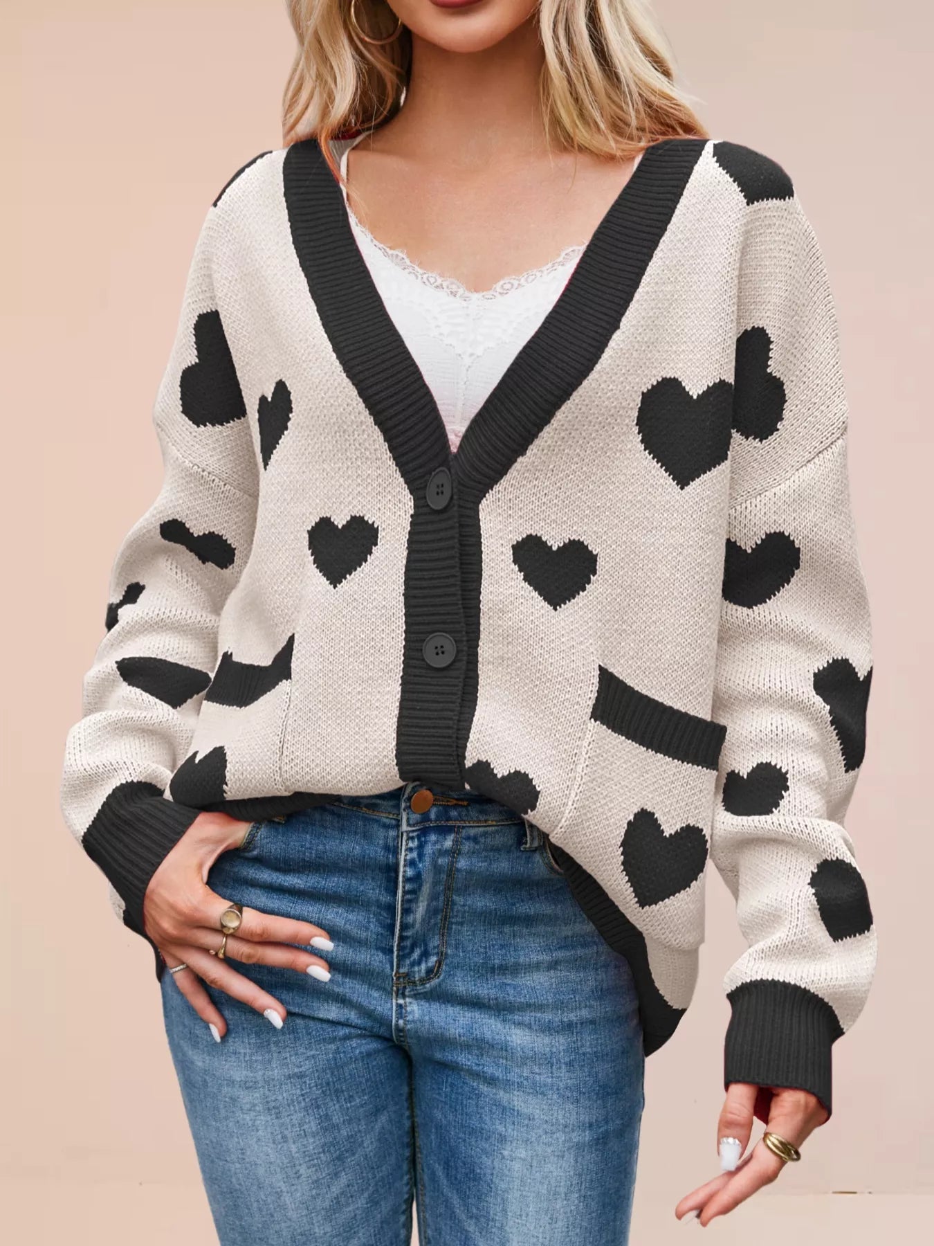 Heart Pattern Button - Up Knit Cardigan designed for comfort and style at Lookzlike