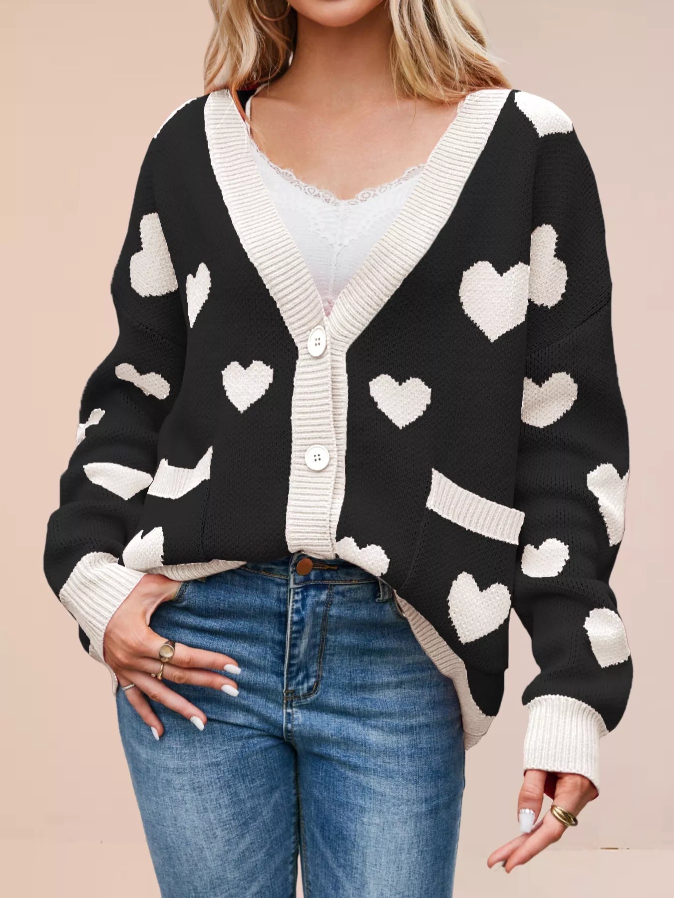 Heart Pattern Button - Up Knit Cardigan designed for comfort and style at Lookzlike