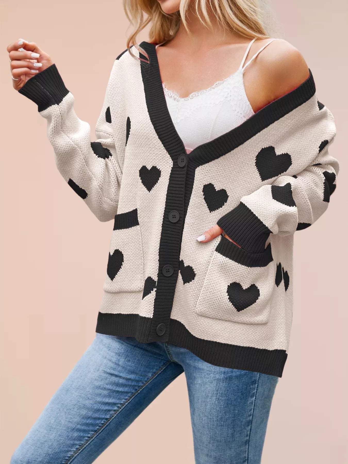 Heart Pattern Button - Up Knit Cardigan designed for comfort and style at Lookzlike