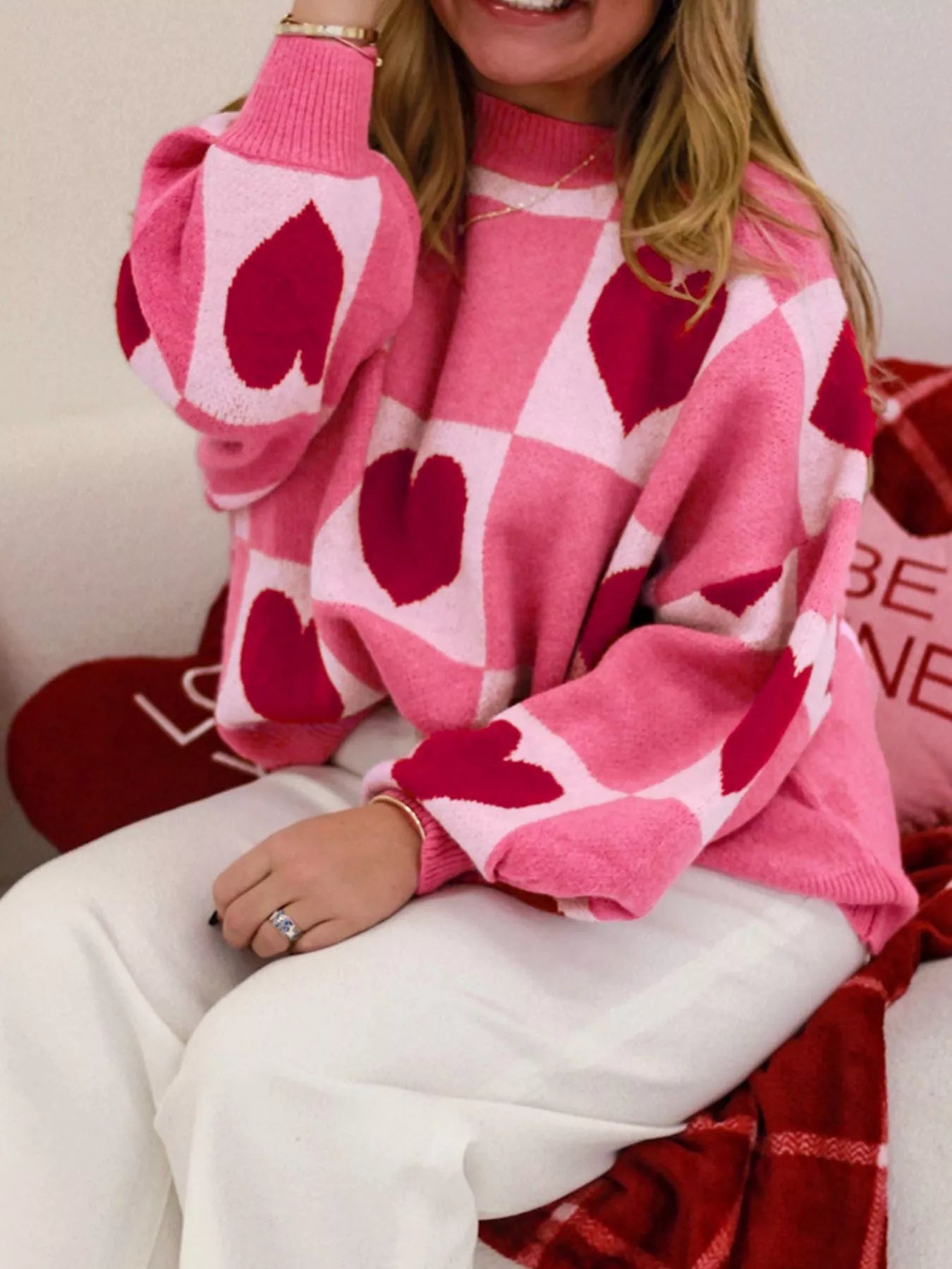 Heart Pattern Checkered Round Neck Sweater designed for comfort and style at Lookzlike
