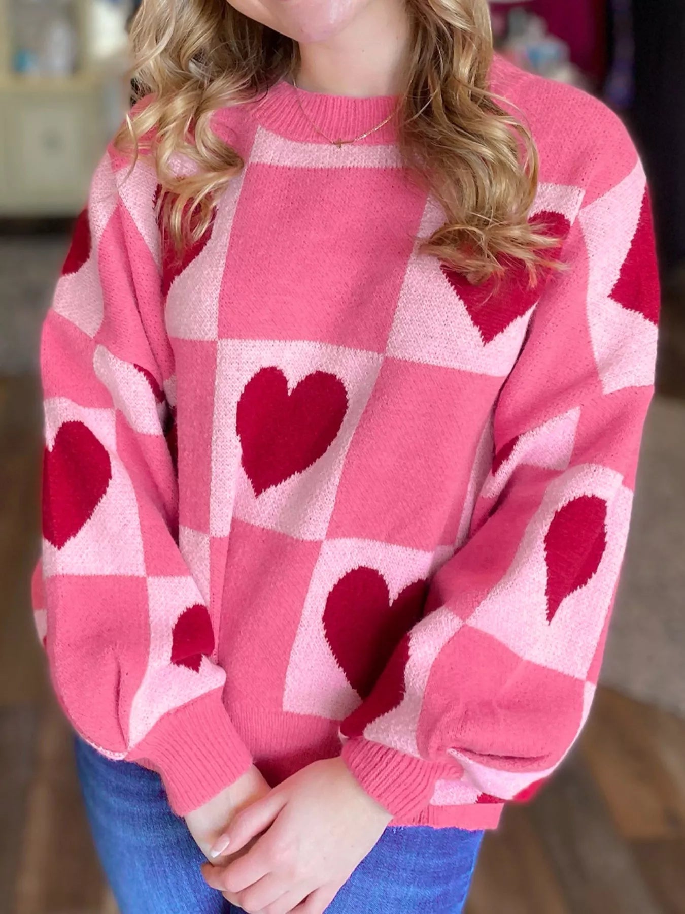Heart Pattern Checkered Round Neck Sweater designed for comfort and style at Lookzlike