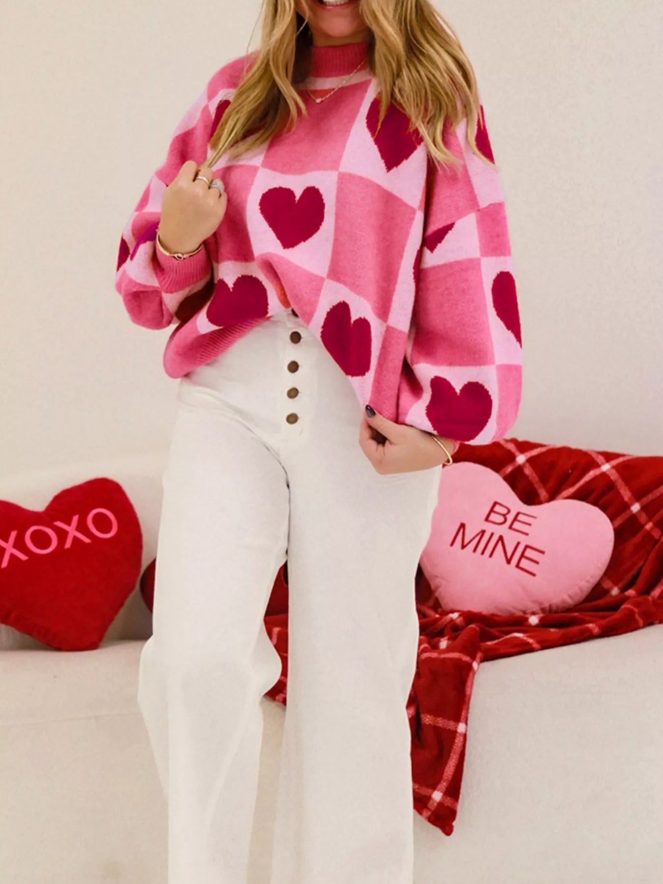 Heart Pattern Checkered Round Neck Sweater designed for comfort and style at Lookzlike