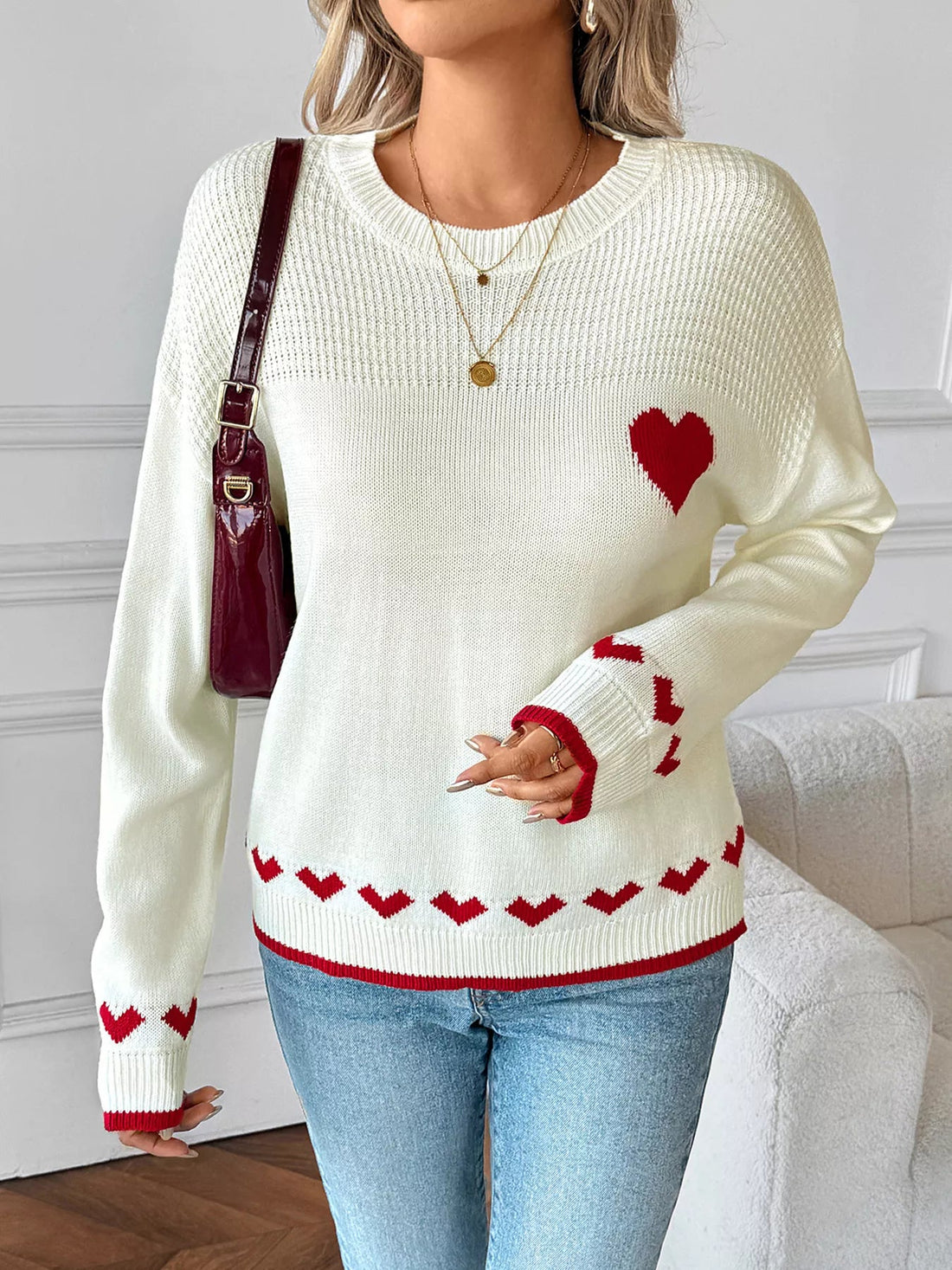 Heart Pattern Dropped Shoulder Sweater designed for comfort and style at Lookzlike
