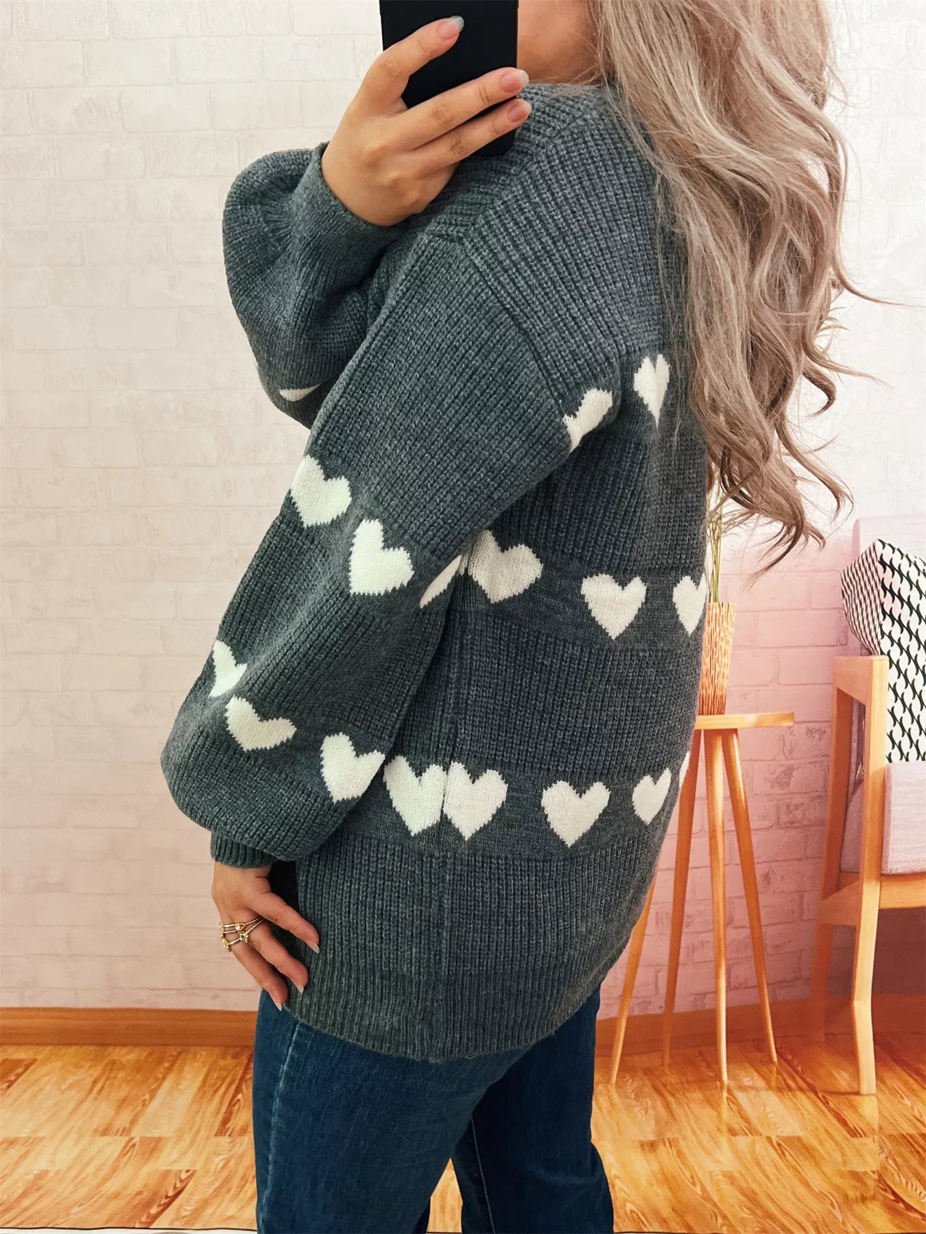 Heart Pattern Dropped Shoulder Sweater designed for comfort and style at Lookzlike