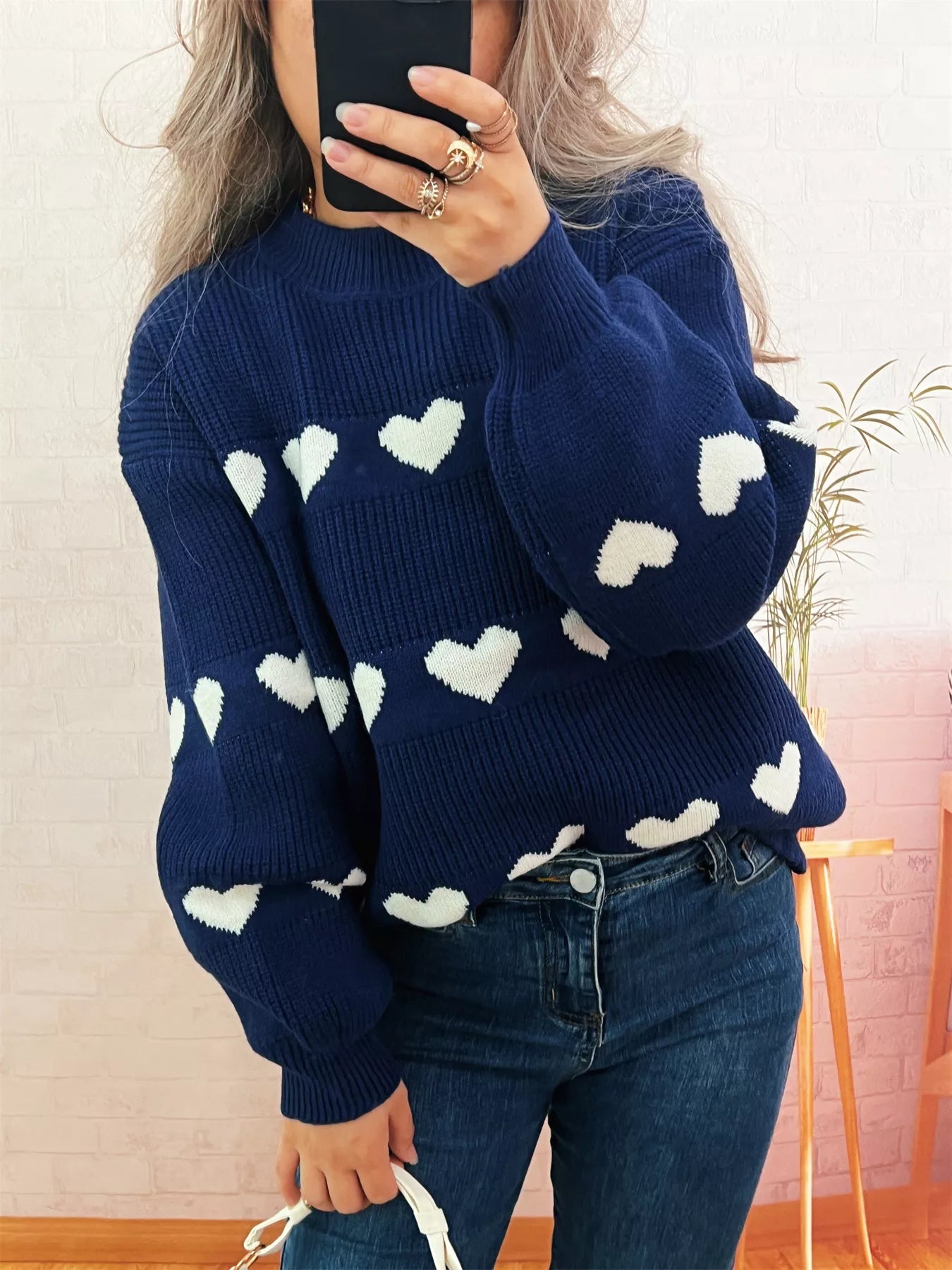 Heart Pattern Dropped Shoulder Sweater designed for comfort and style at Lookzlike
