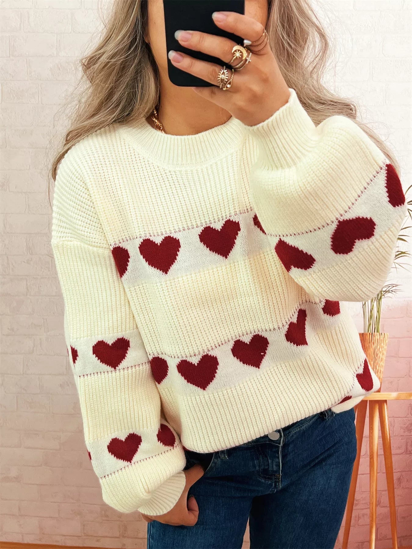 Heart Pattern Dropped Shoulder Sweater designed for comfort and style at Lookzlike