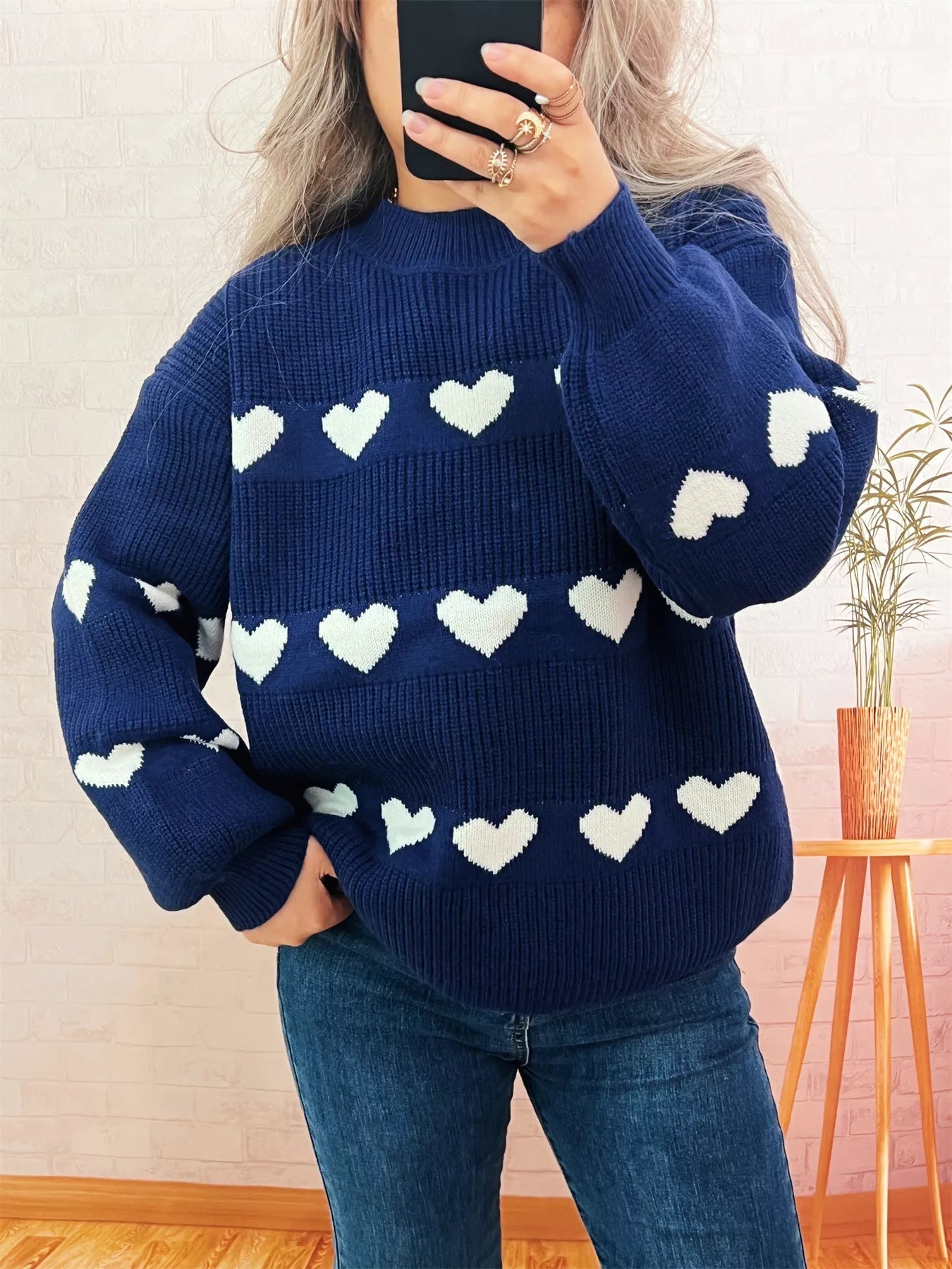 Heart Pattern Dropped Shoulder Sweater designed for comfort and style at Lookzlike