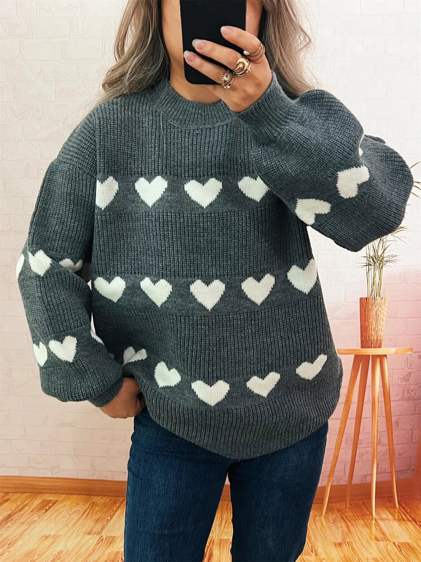 Heart Pattern Dropped Shoulder Sweater designed for comfort and style at Lookzlike