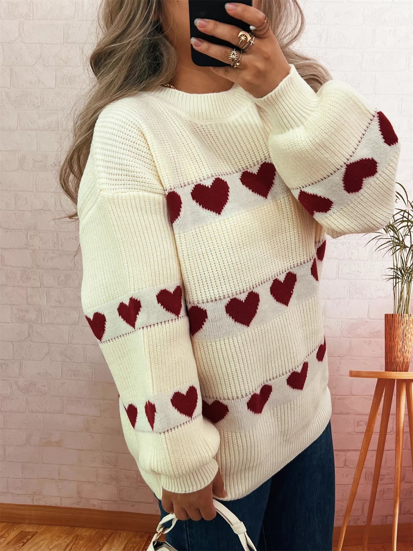 Heart Pattern Dropped Shoulder Sweater designed for comfort and style at Lookzlike