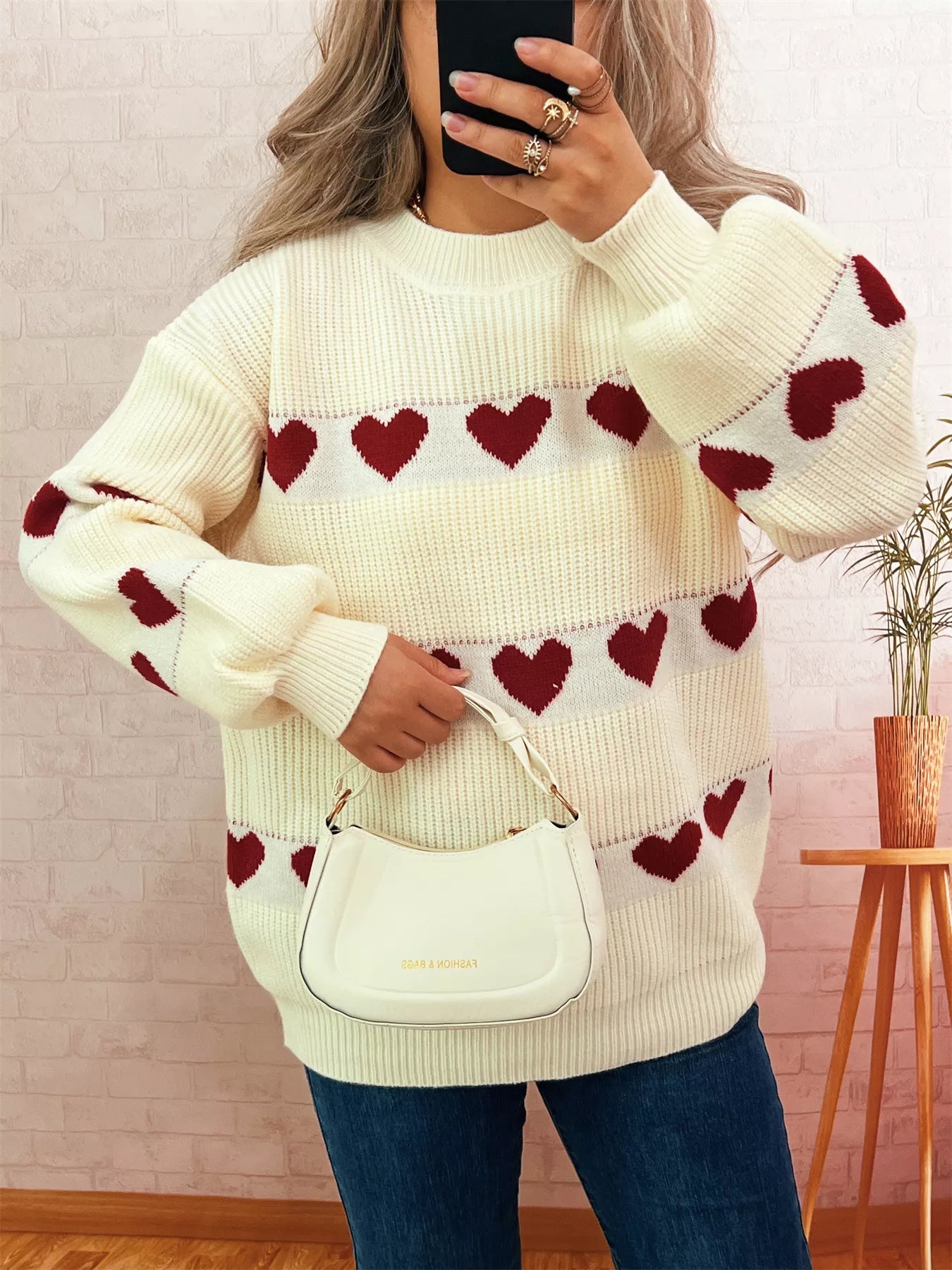 Heart Pattern Dropped Shoulder Sweater designed for comfort and style at Lookzlike