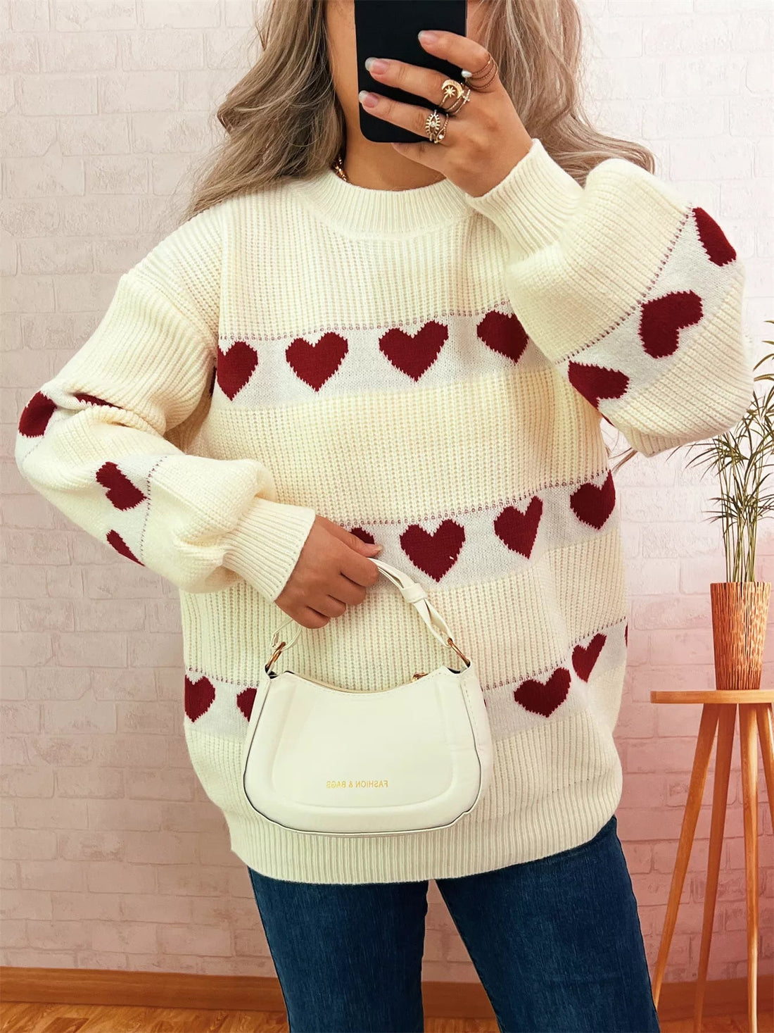 Heart Pattern Dropped Shoulder Sweater designed for comfort and style at Lookzlike