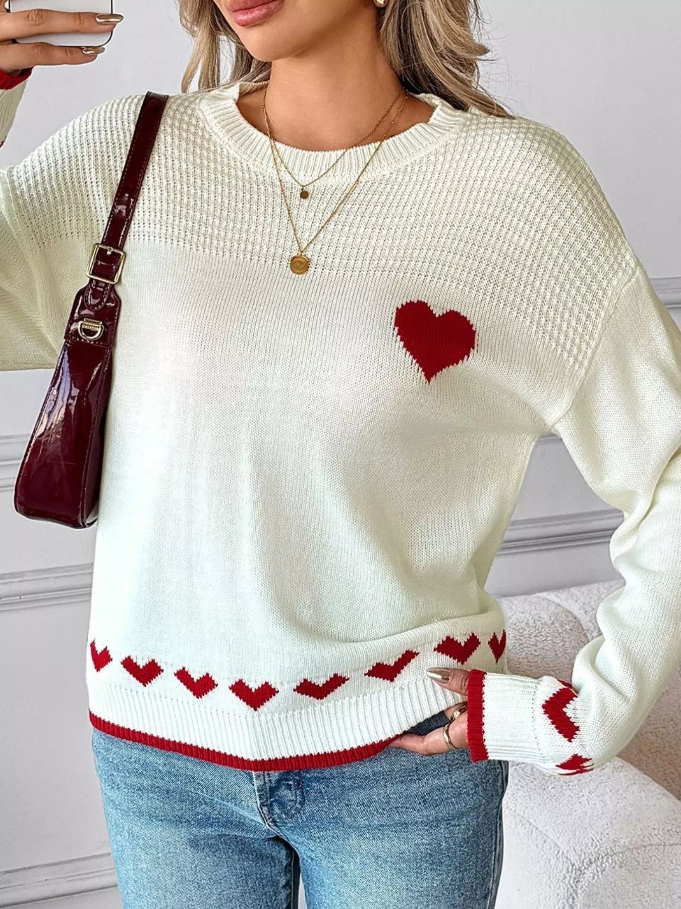 Heart Pattern Dropped Shoulder Sweater designed for comfort and style at Lookzlike