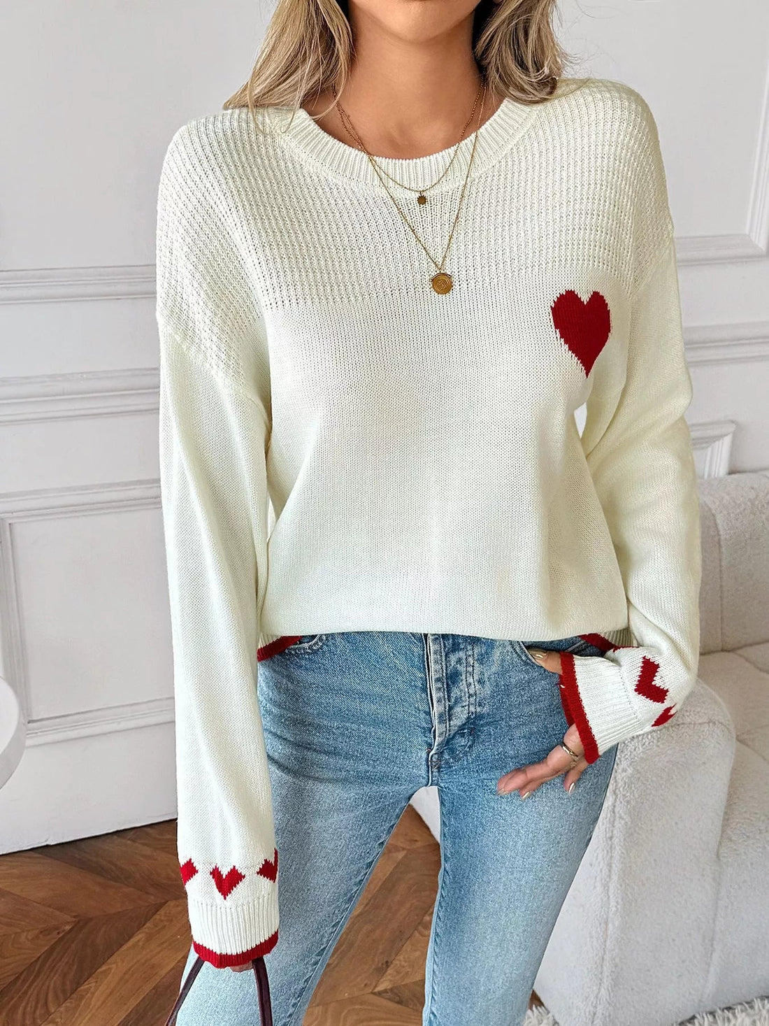 Heart Pattern Dropped Shoulder Sweater designed for comfort and style at Lookzlike