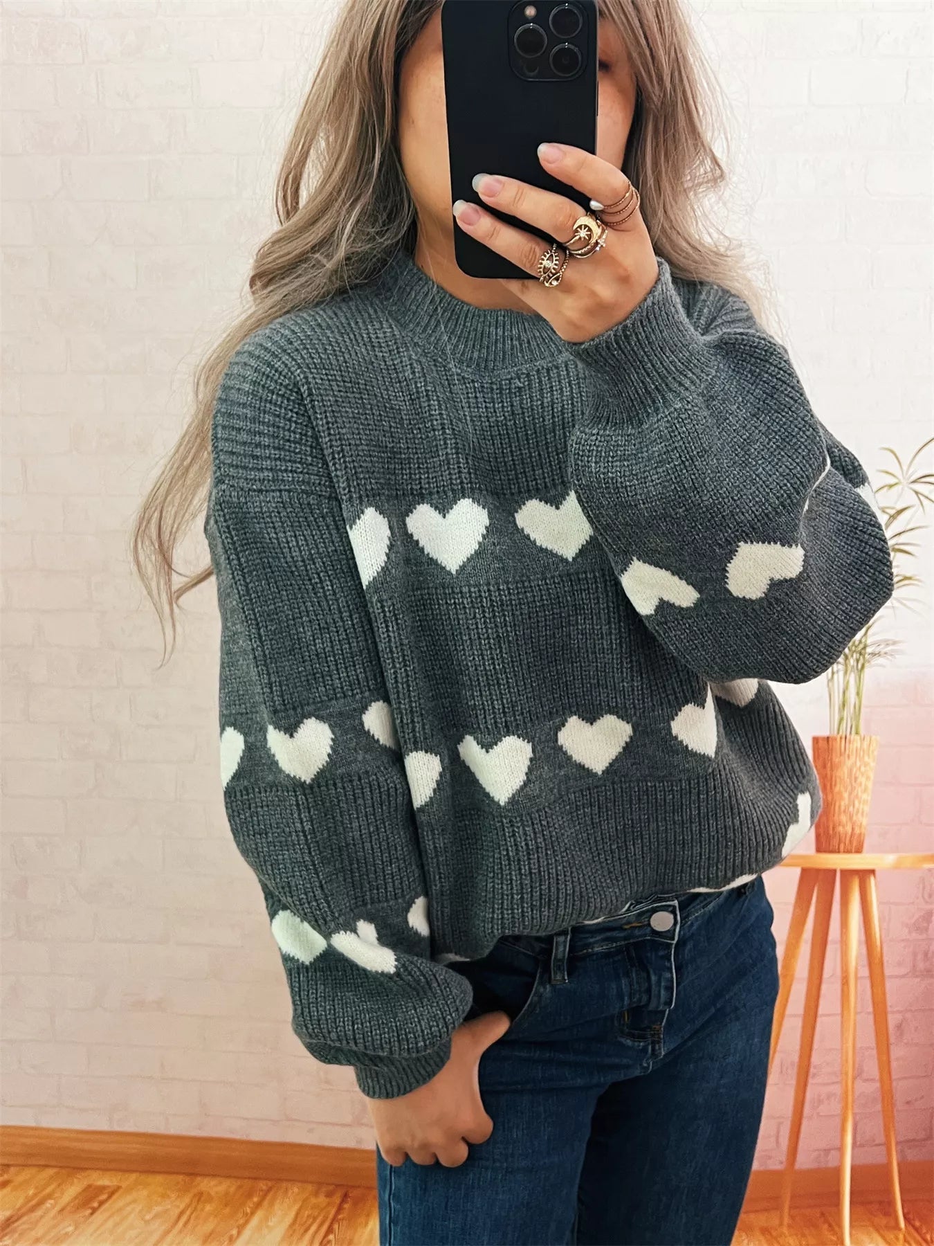 Heart Pattern Dropped Shoulder Sweater designed for comfort and style at Lookzlike