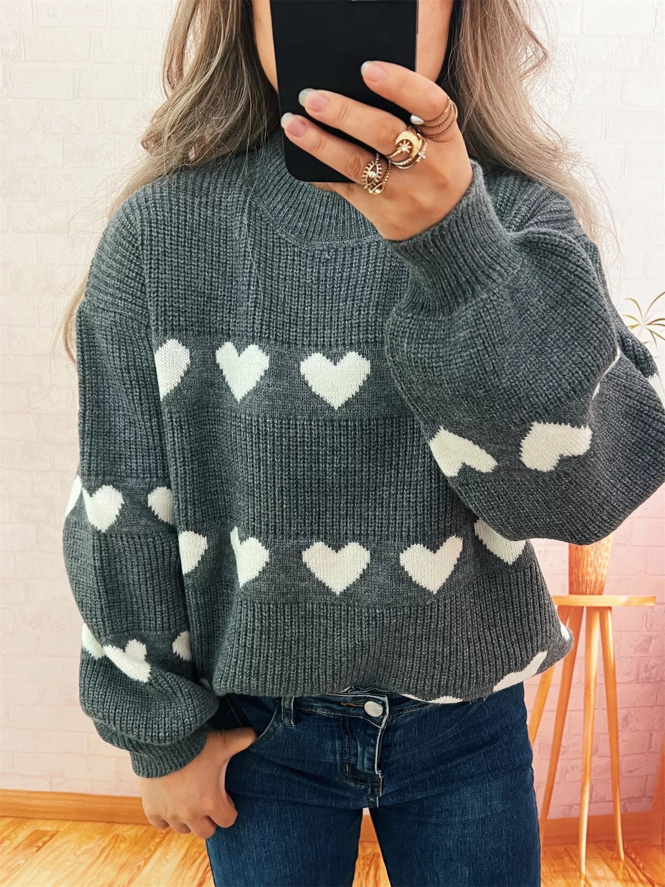 Heart Pattern Dropped Shoulder Sweater designed for comfort and style at Lookzlike