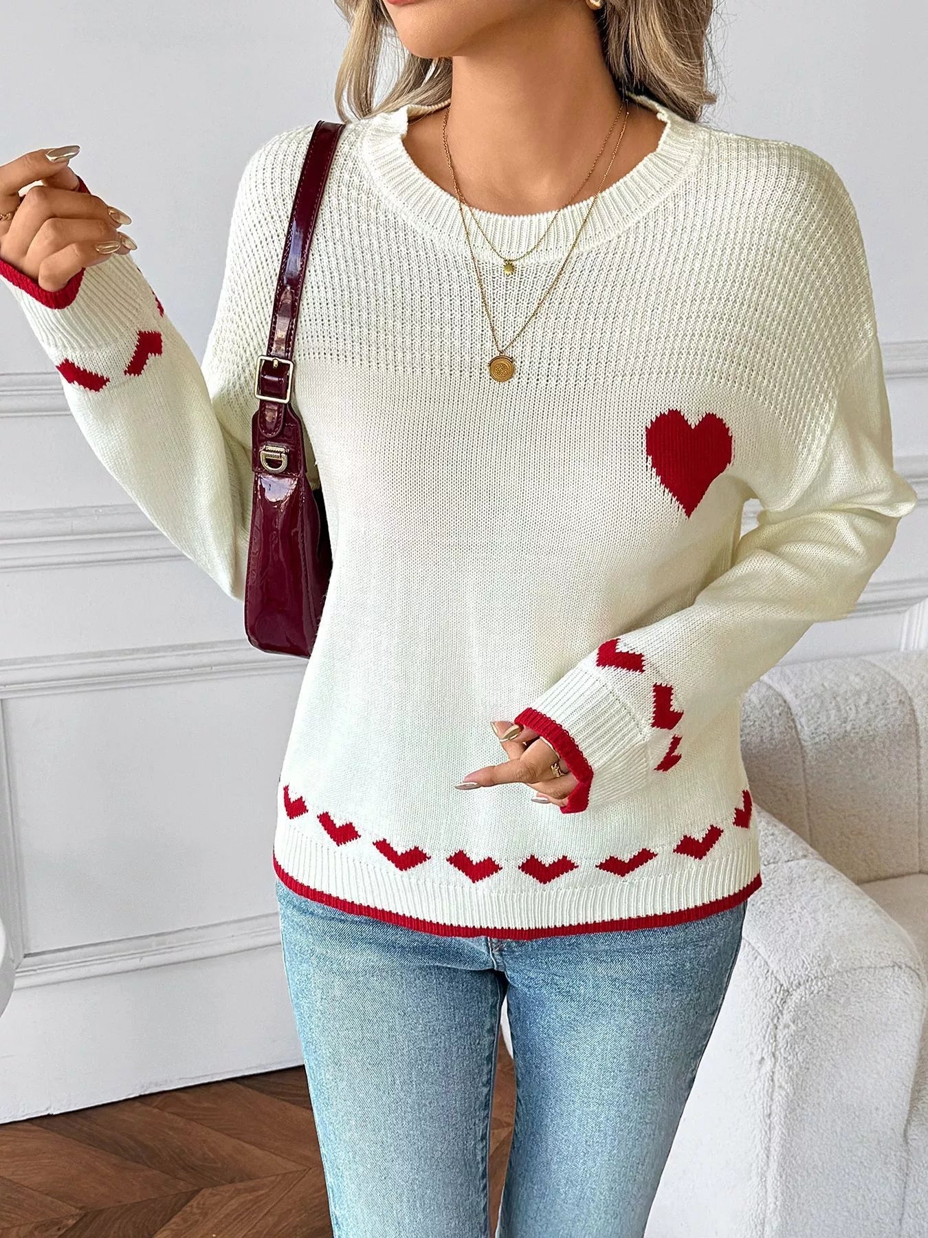 Heart Pattern Dropped Shoulder Sweater designed for comfort and style at Lookzlike