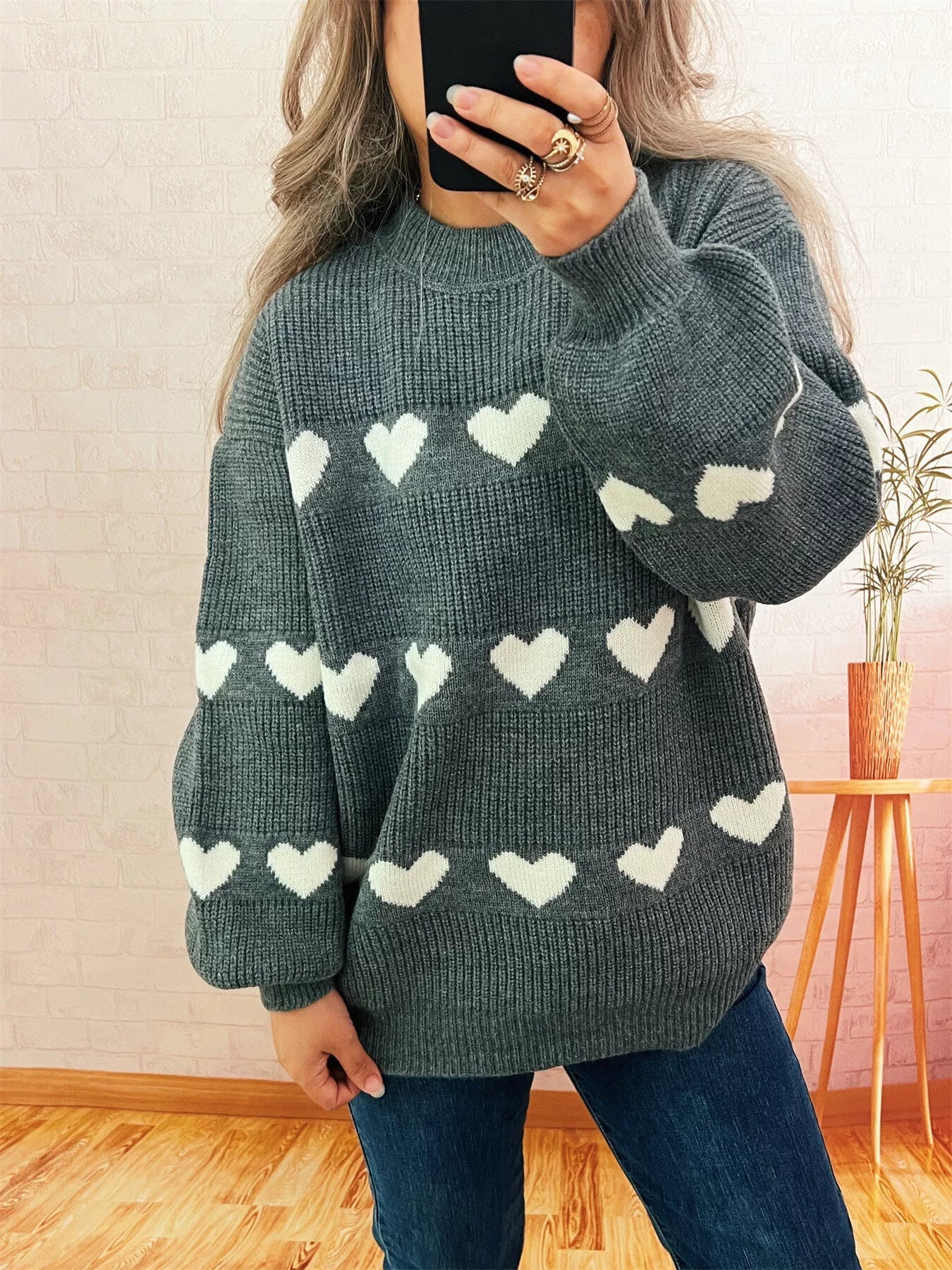 Heart Pattern Dropped Shoulder Sweater designed for comfort and style at Lookzlike