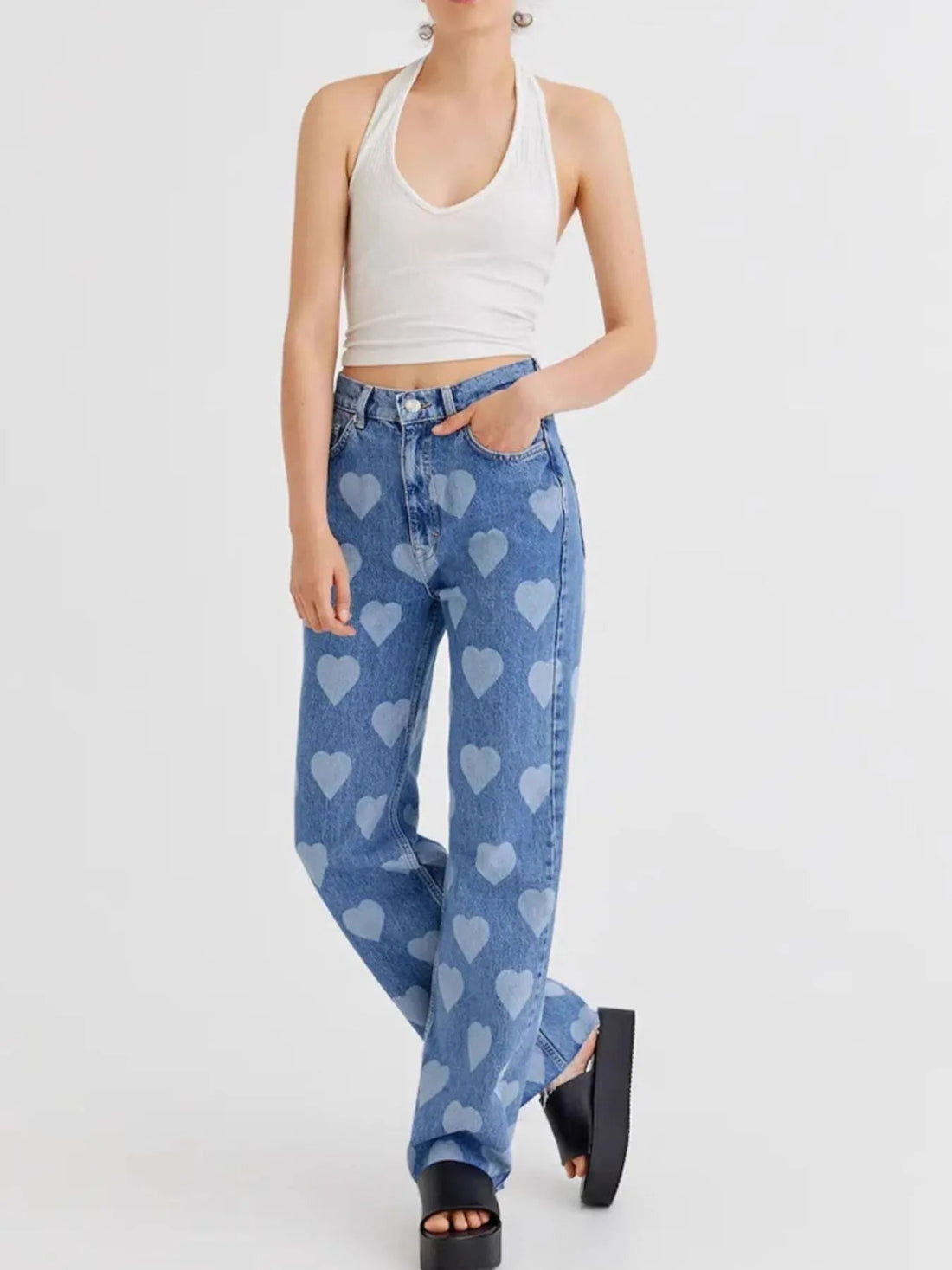 Heart Pattern High - Waist Wide Leg Jeans designed for comfort and style at Lookzlike