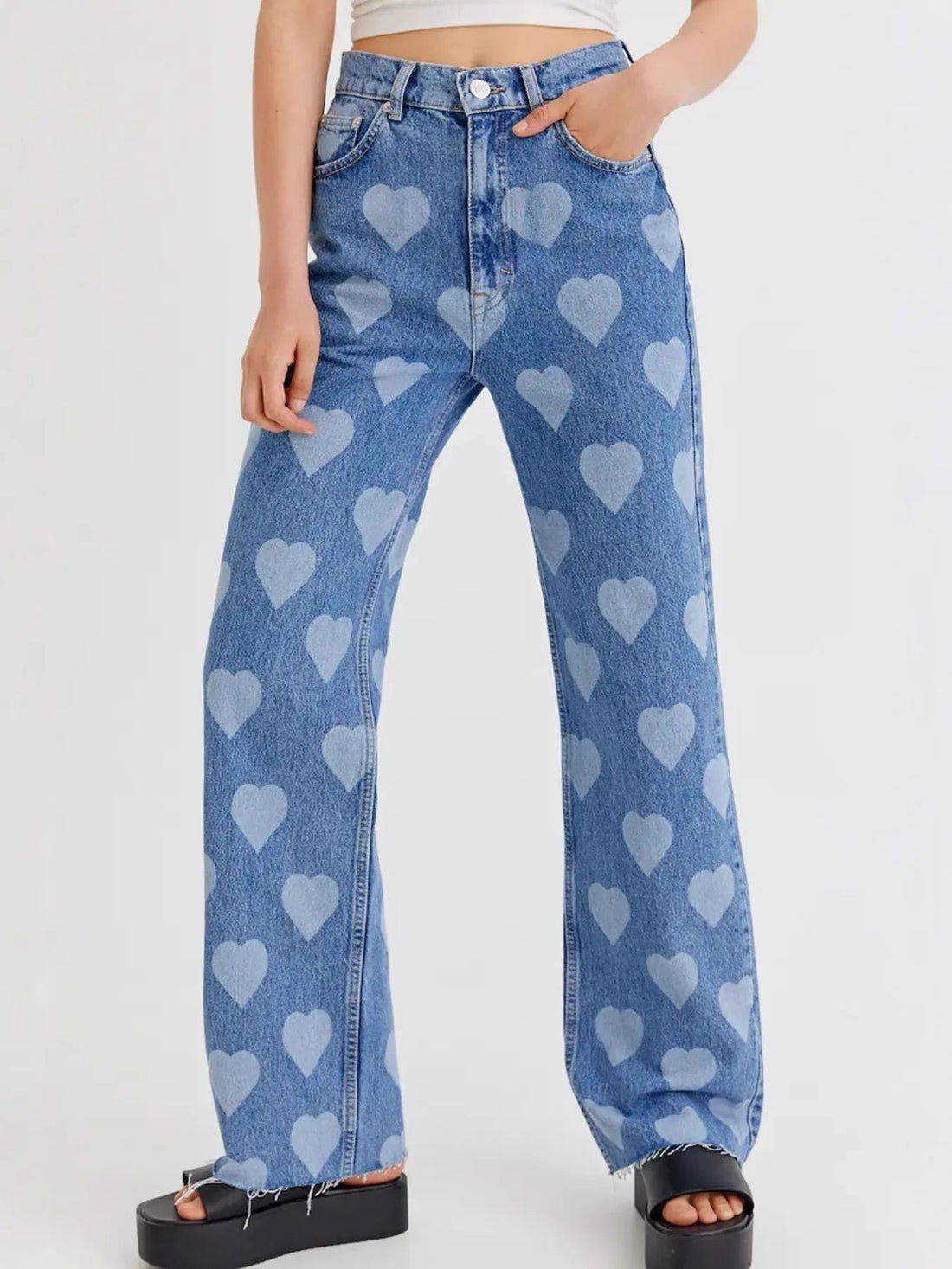 Heart Pattern High - Waist Wide Leg Jeans designed for comfort and style at Lookzlike