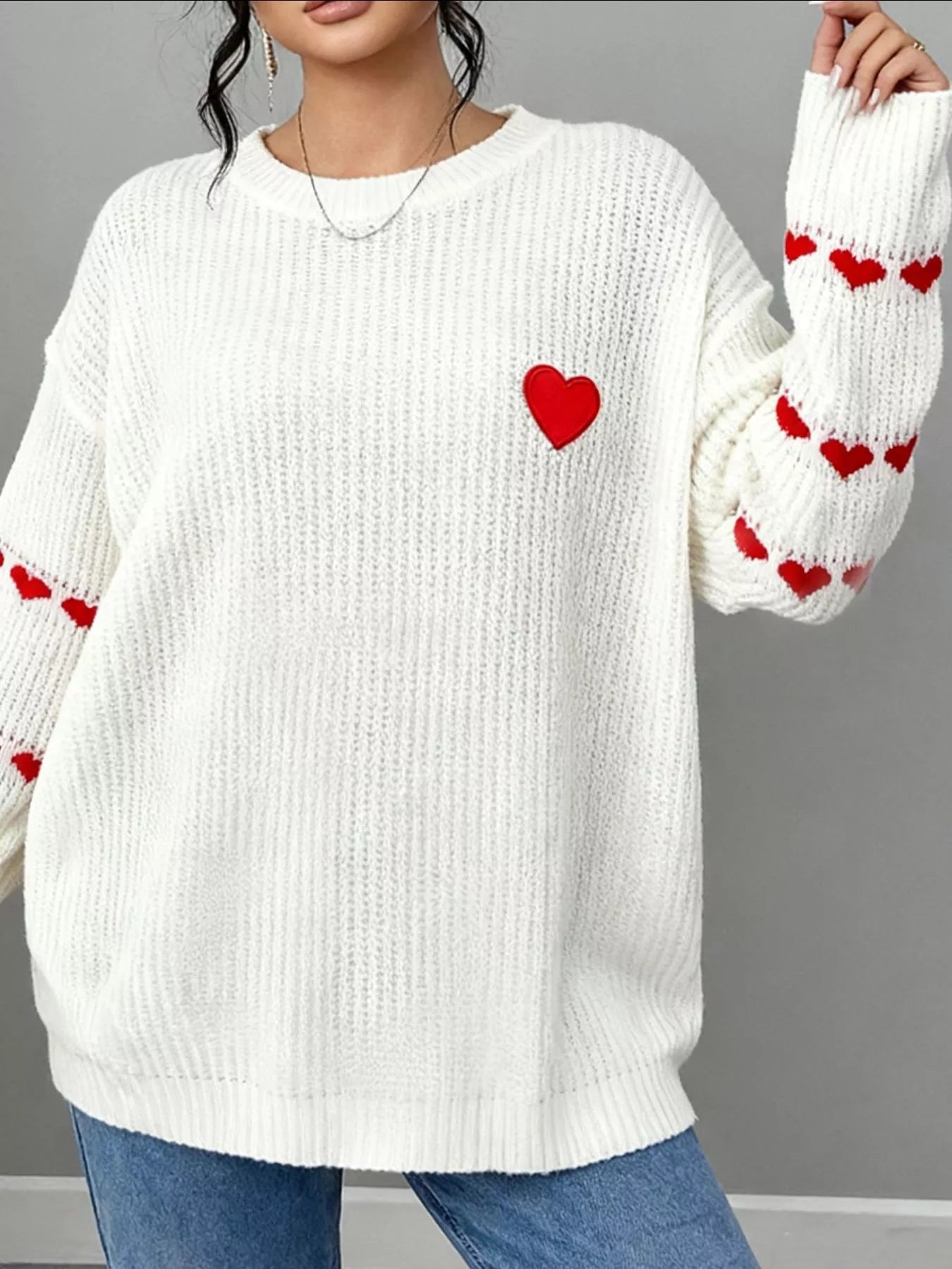 Heart Pattern Round Neck Sweater designed for comfort and style at Lookzlike