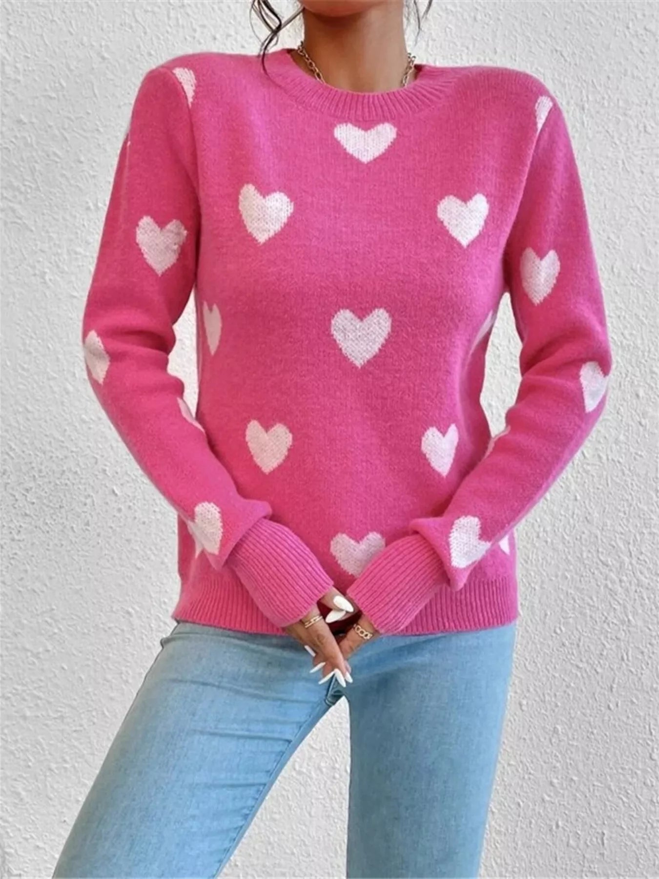 Heart Pattern Round Neck Sweater designed for comfort and style at Lookzlike