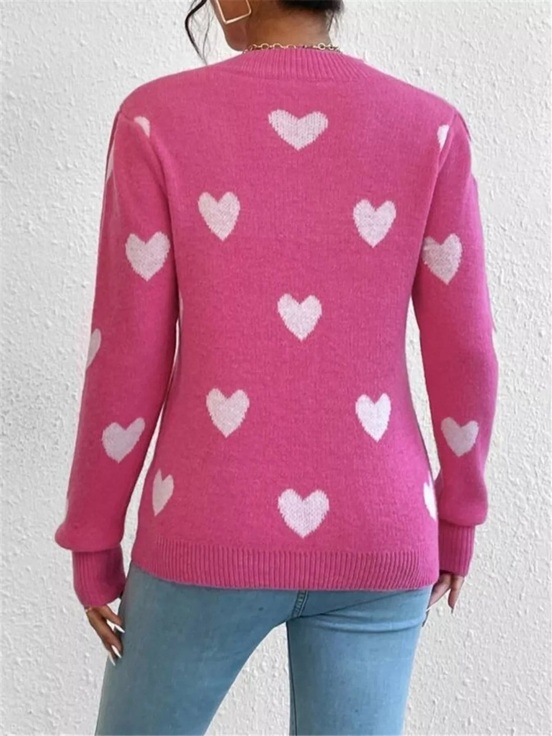 Heart Pattern Round Neck Sweater designed for comfort and style at Lookzlike