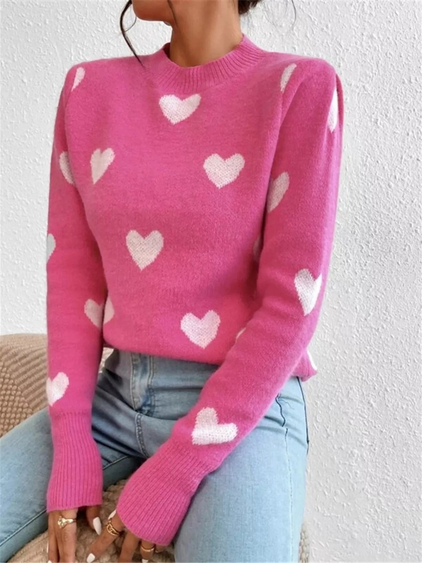 Heart Pattern Round Neck Sweater designed for comfort and style at Lookzlike